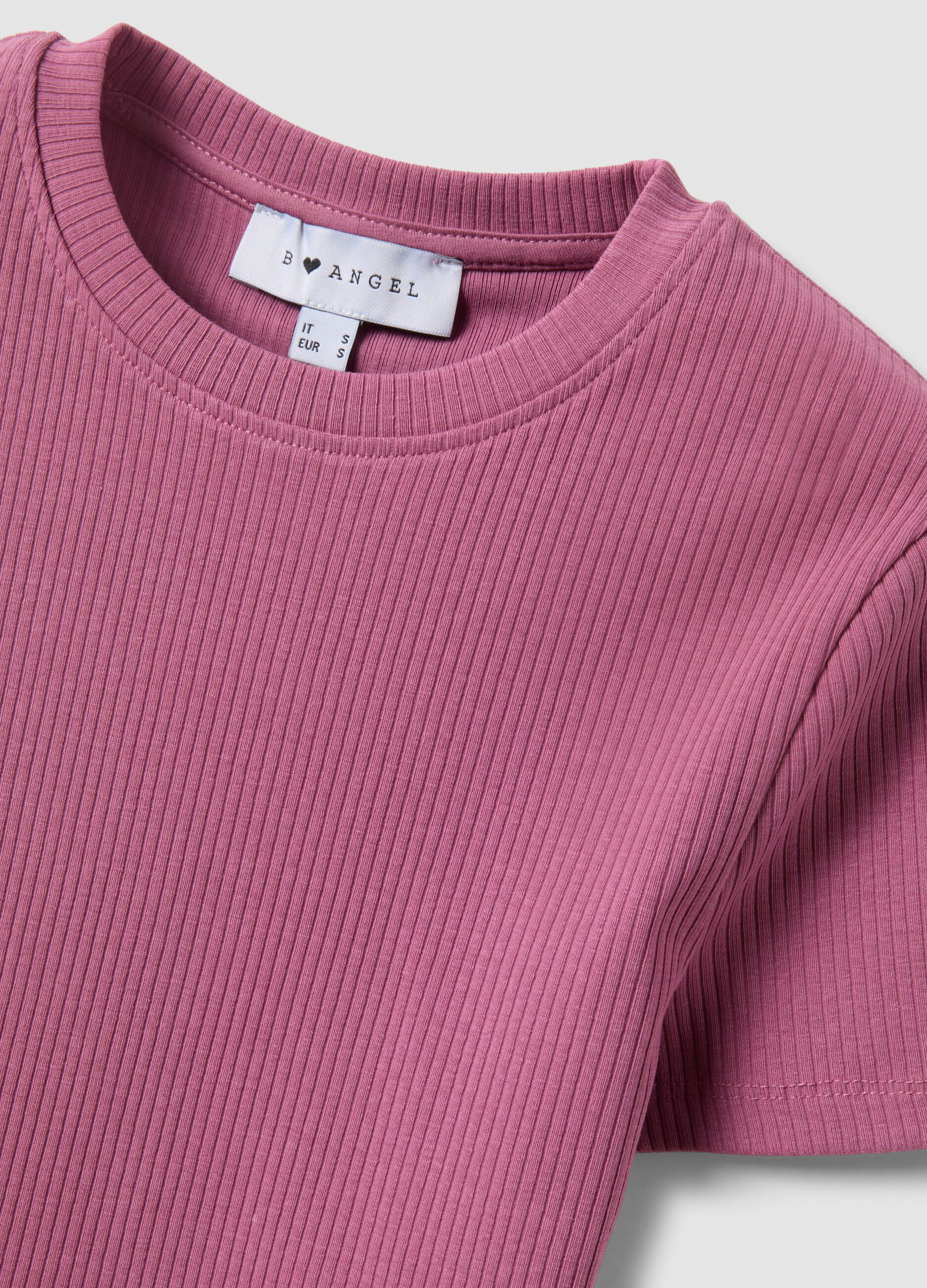 Pink ribbed fitted stretch cotton T-shirt