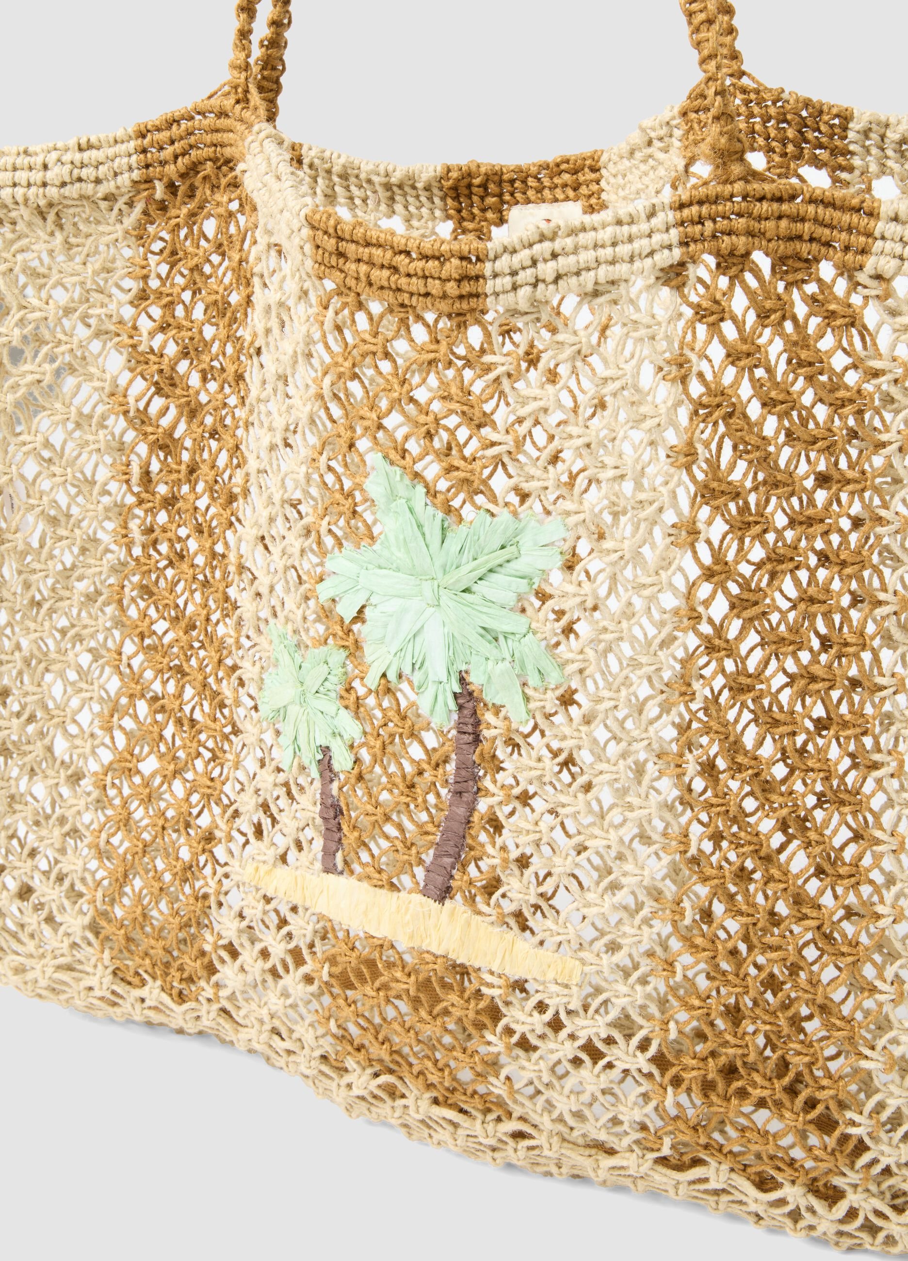Multicolour woven mesh jute-blend beach bag