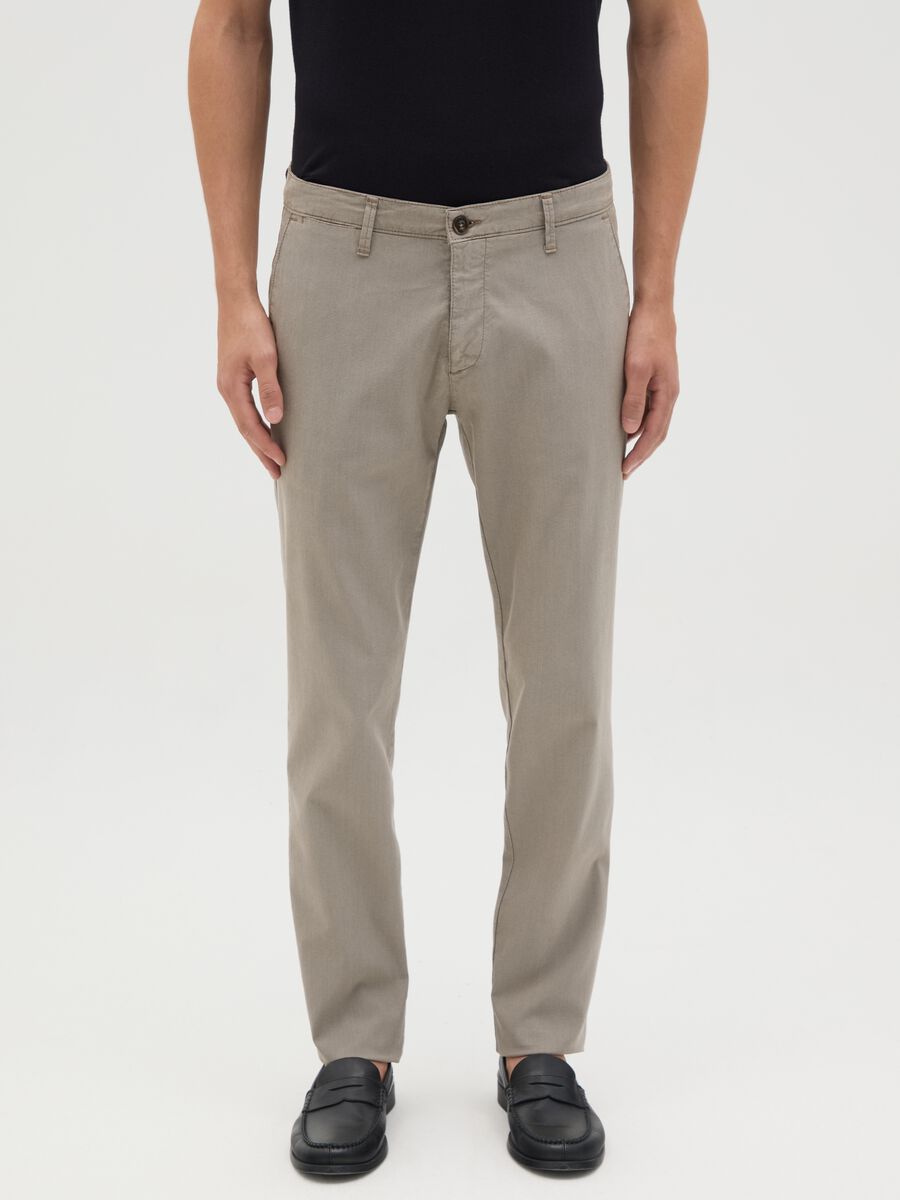 Men's Beige Stretch Cotton Slim Fit Trousers_1
