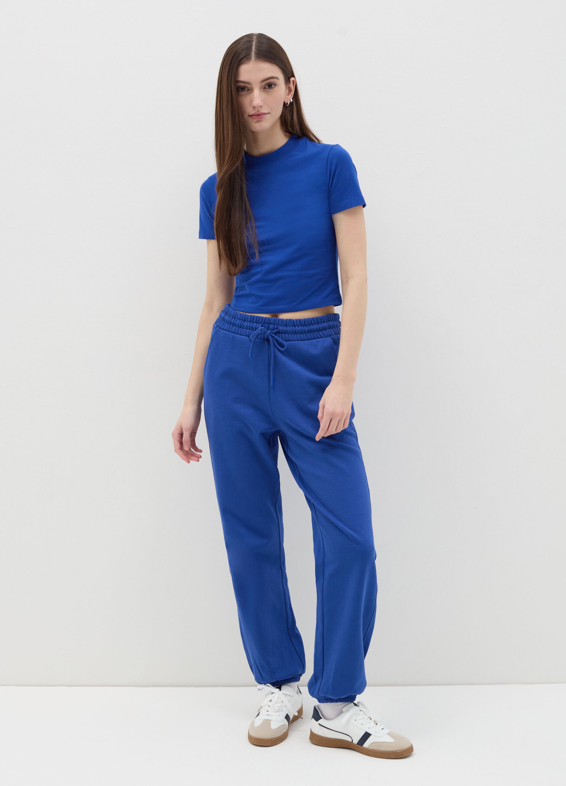 Stretch cotton T-shirt with mock neck