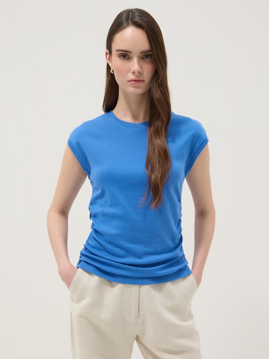 Tank top blu in puro cotone con arricciature laterali regular fit_1