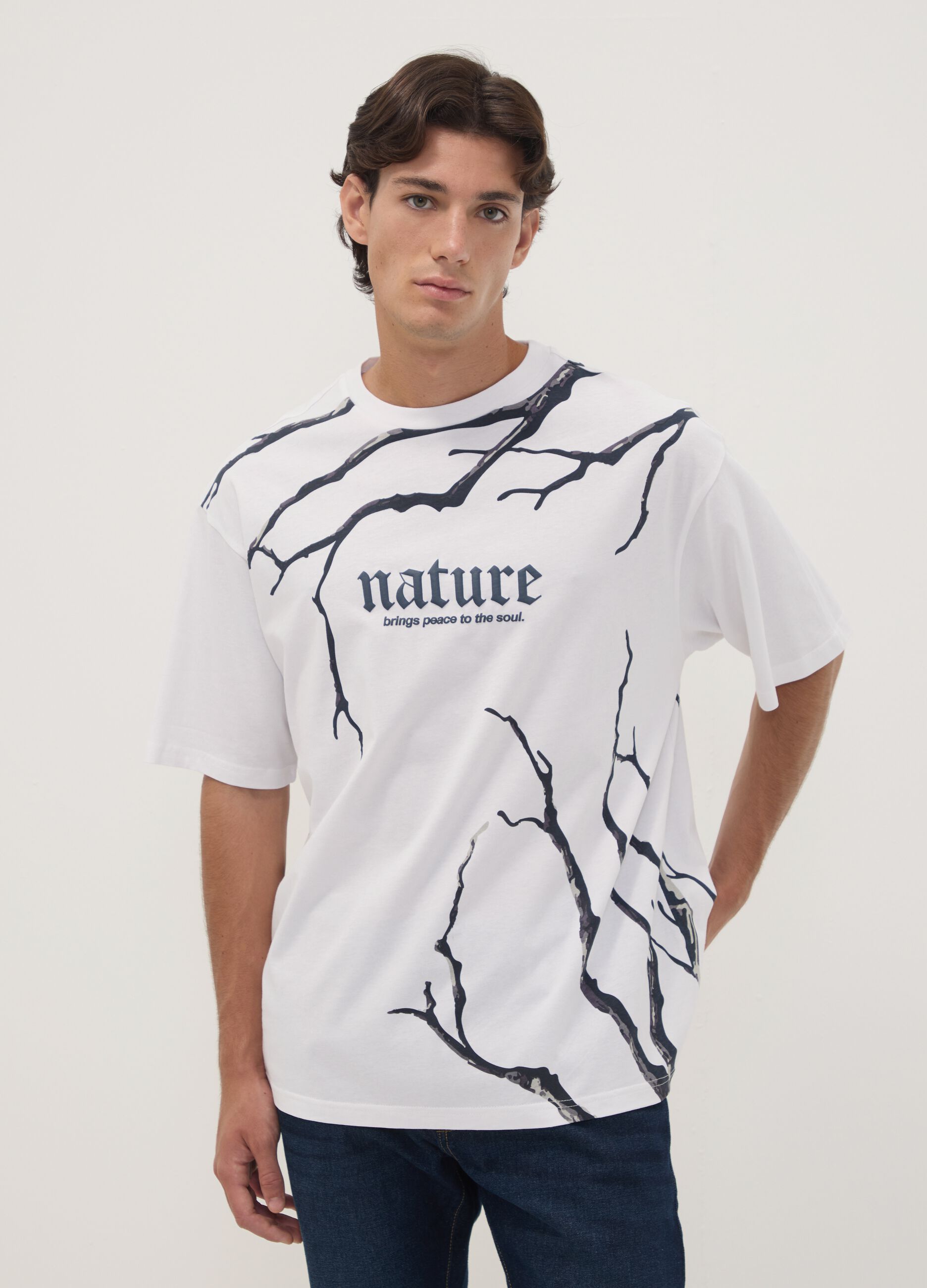 White pure cotton T-shirt with Nature slogan