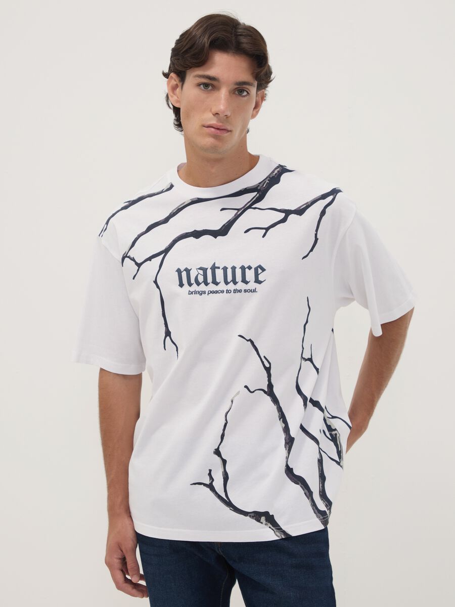 White pure cotton T-shirt with Nature slogan_0