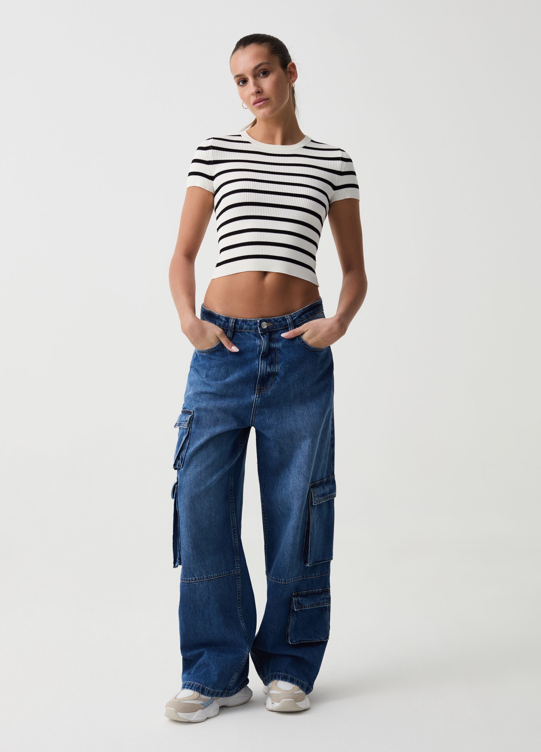 Ribbed crop T-shirt with striped pattern