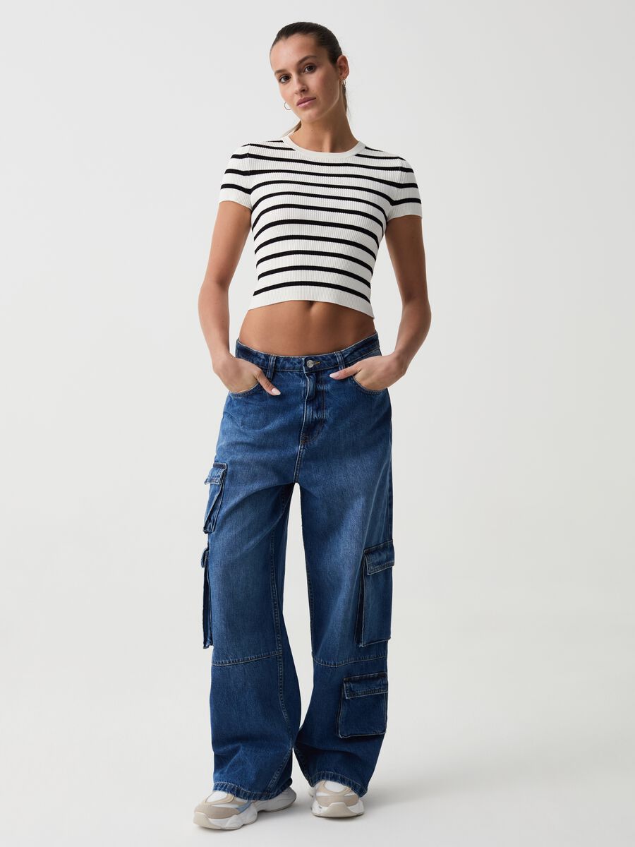 Ribbed crop T-shirt with striped pattern_1