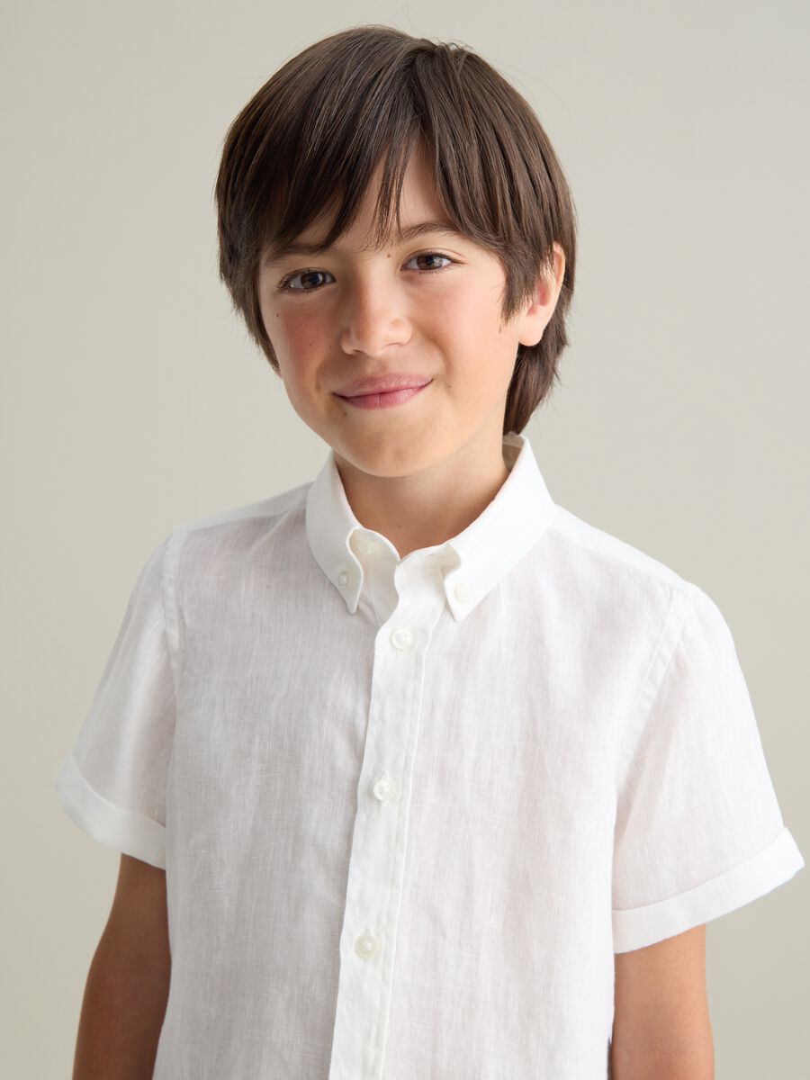 Children's white pure linen shirt with classic collar and oversized fit_1