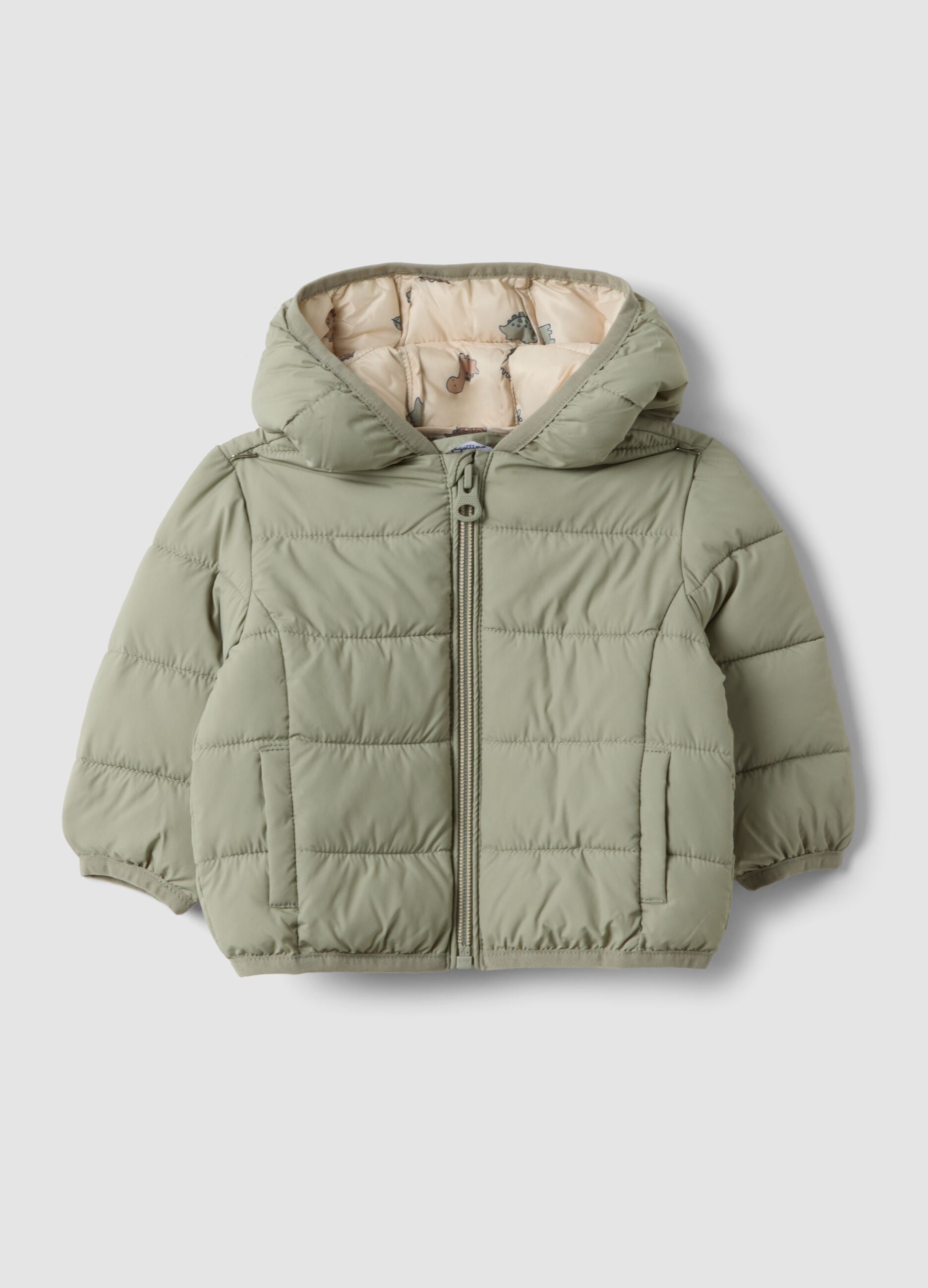 Green padded ultralight jacket with hood and zip for baby