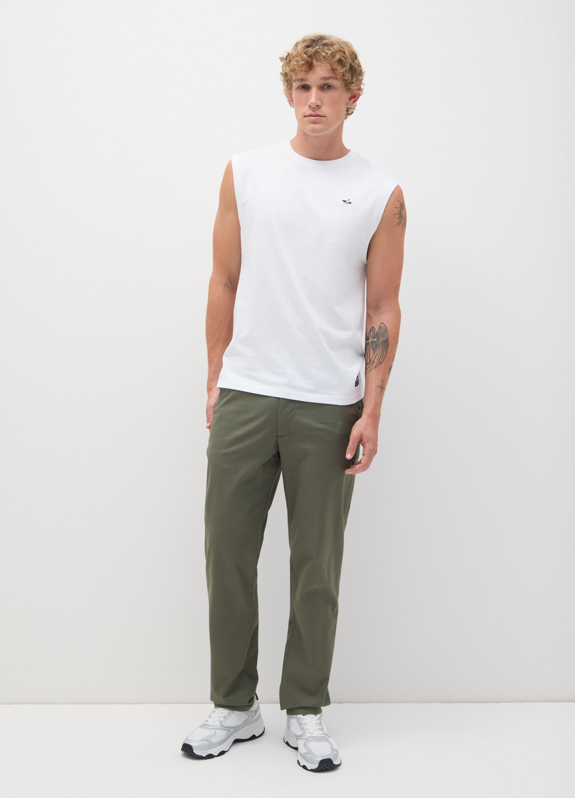 Men's white pure cotton tank top regular fit with embroidery