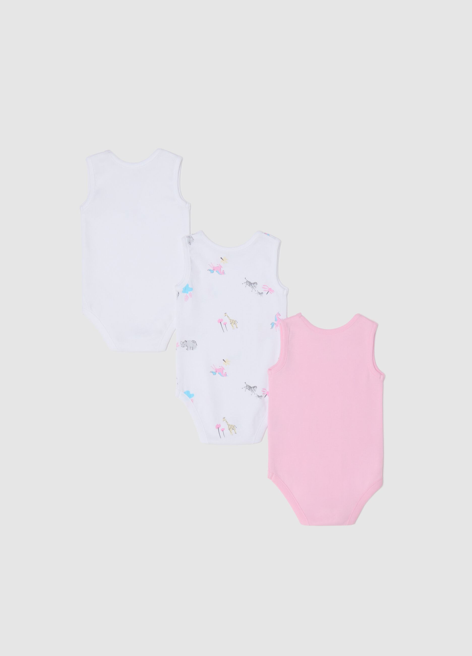 Three-pack white and pink bodysuits in organic cotton with print