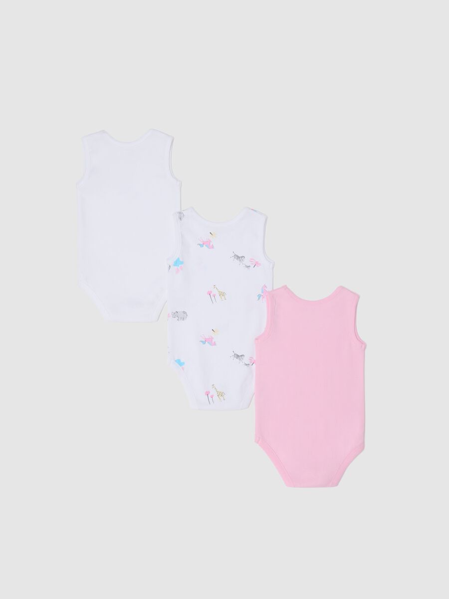Three-pack white and pink bodysuits in organic cotton with print_1