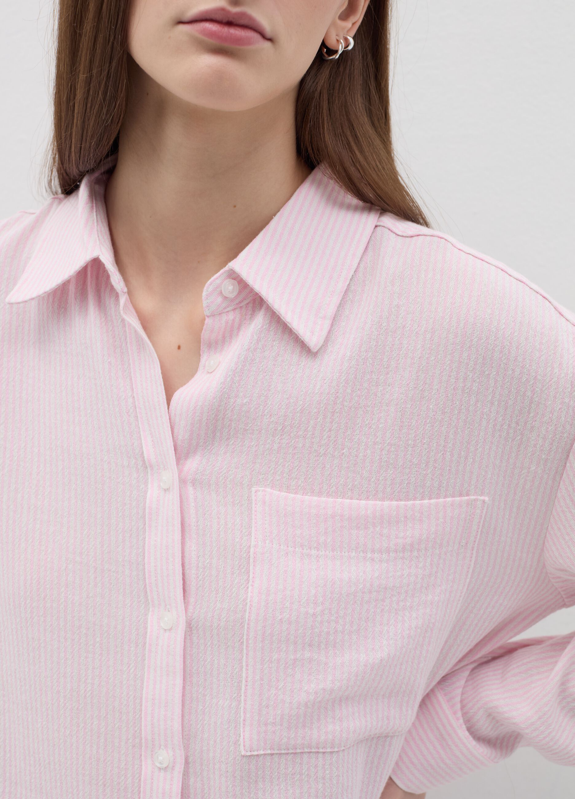 Camicia rosa a righe in cotone e lino