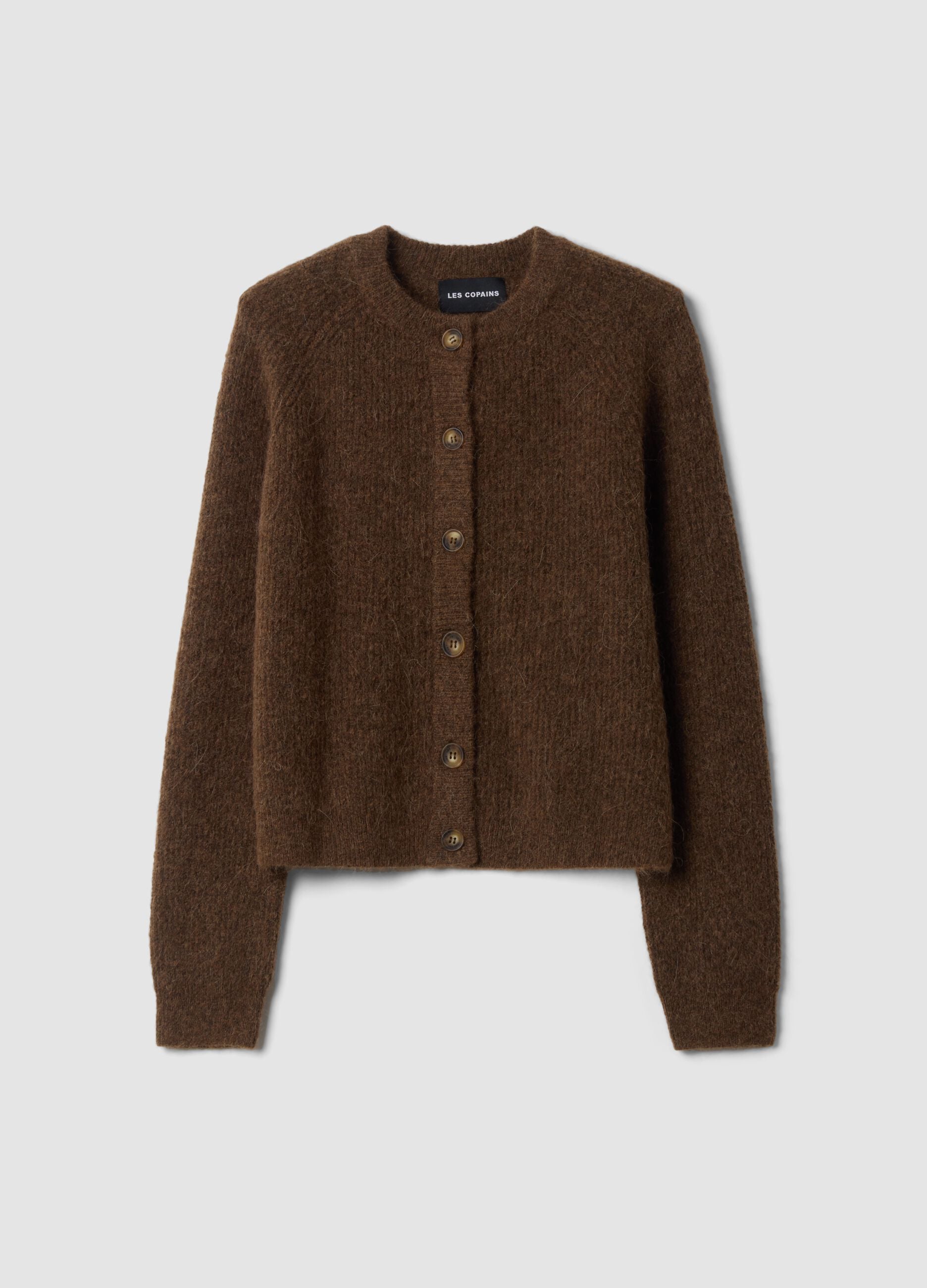 Brown stretchy wool and alpaca crew-neck cardigan