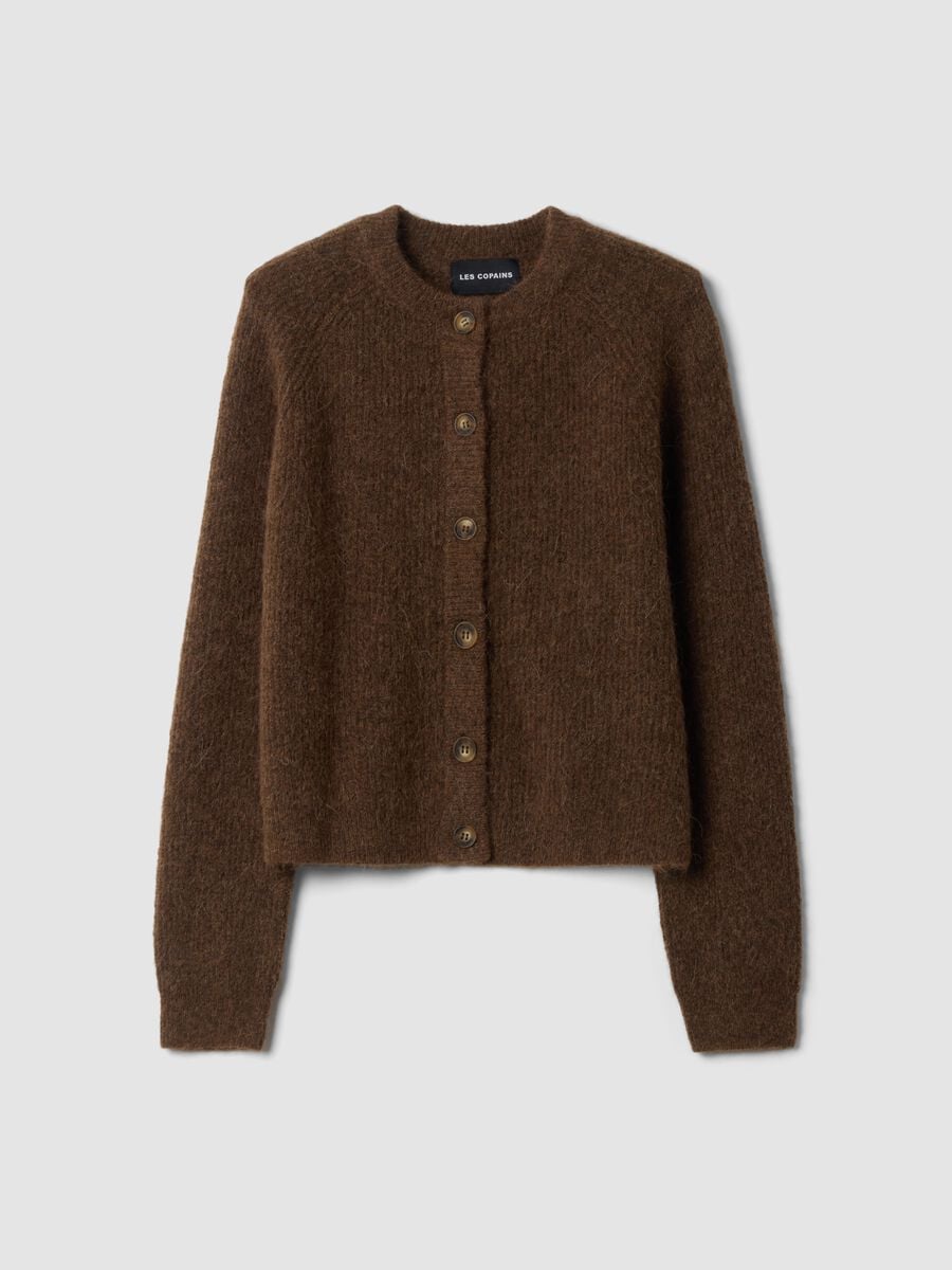 Brown stretchy wool and alpaca crew-neck cardigan_0