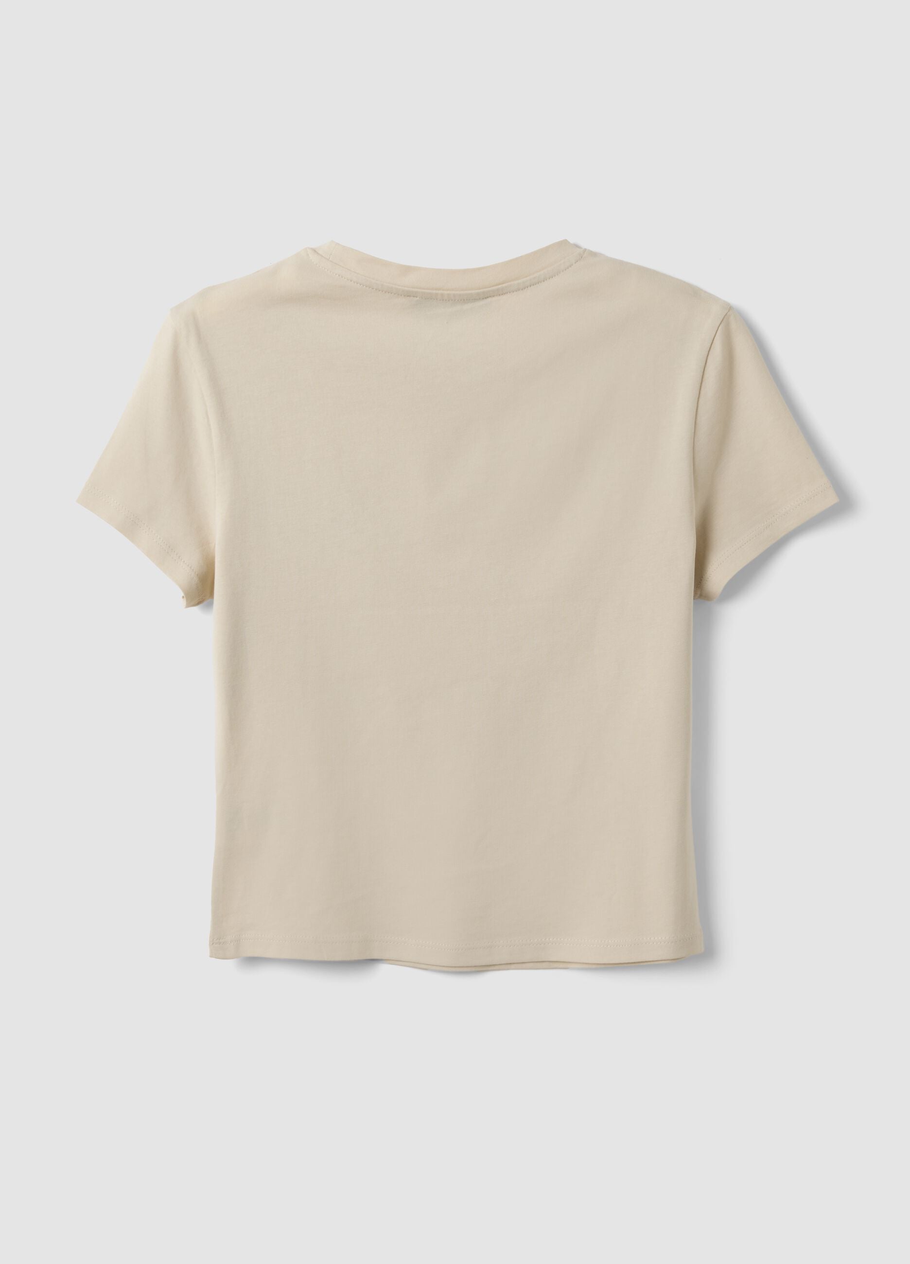 T-shirt crop beige in puro cotone a girocollo con stampa