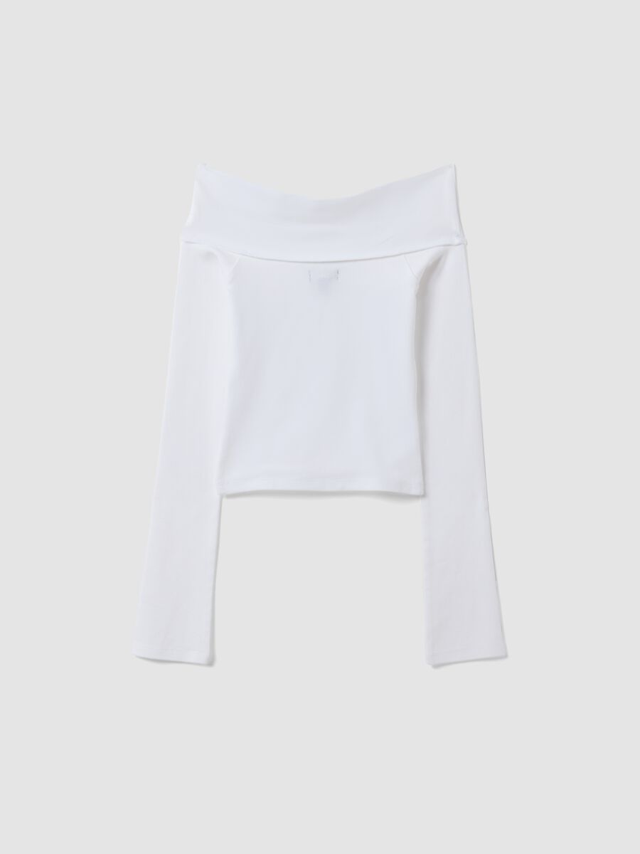 T-shirt bianca in cotone elasticizzato con scollo a barchetta slim fit_5