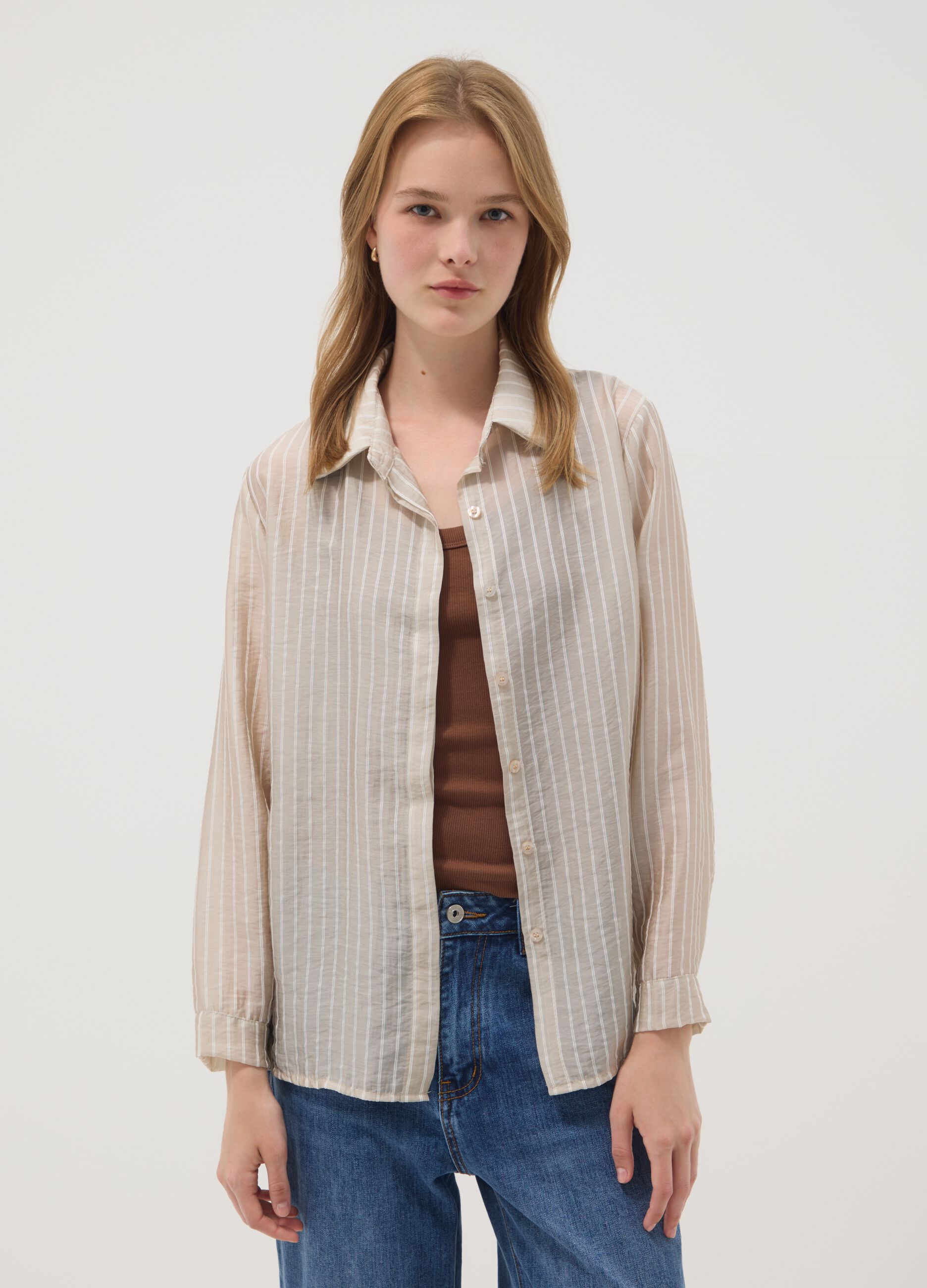 Beige striped lyocell-blend shirt