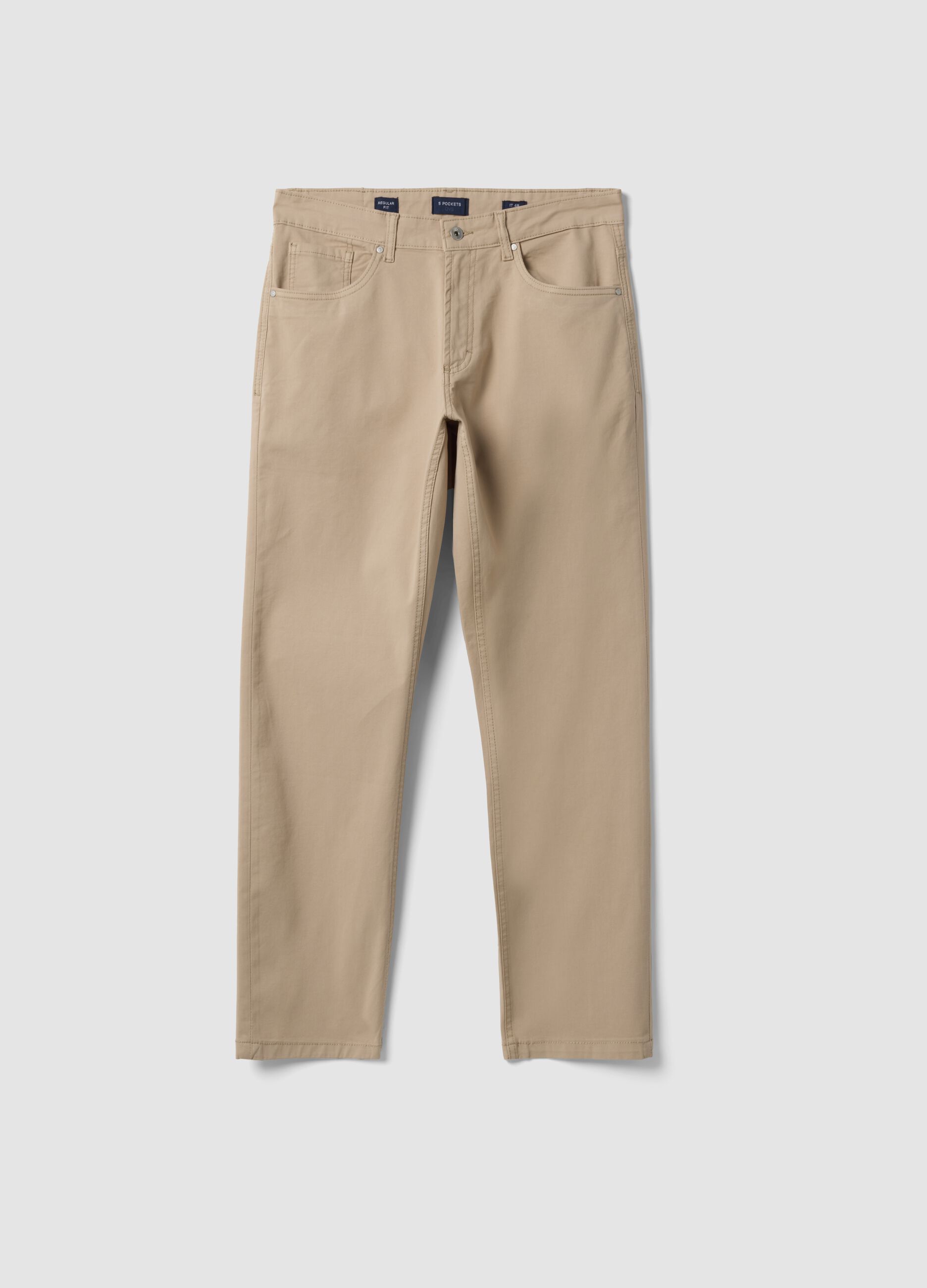 Beige regular-fit stretch cotton twill trousers