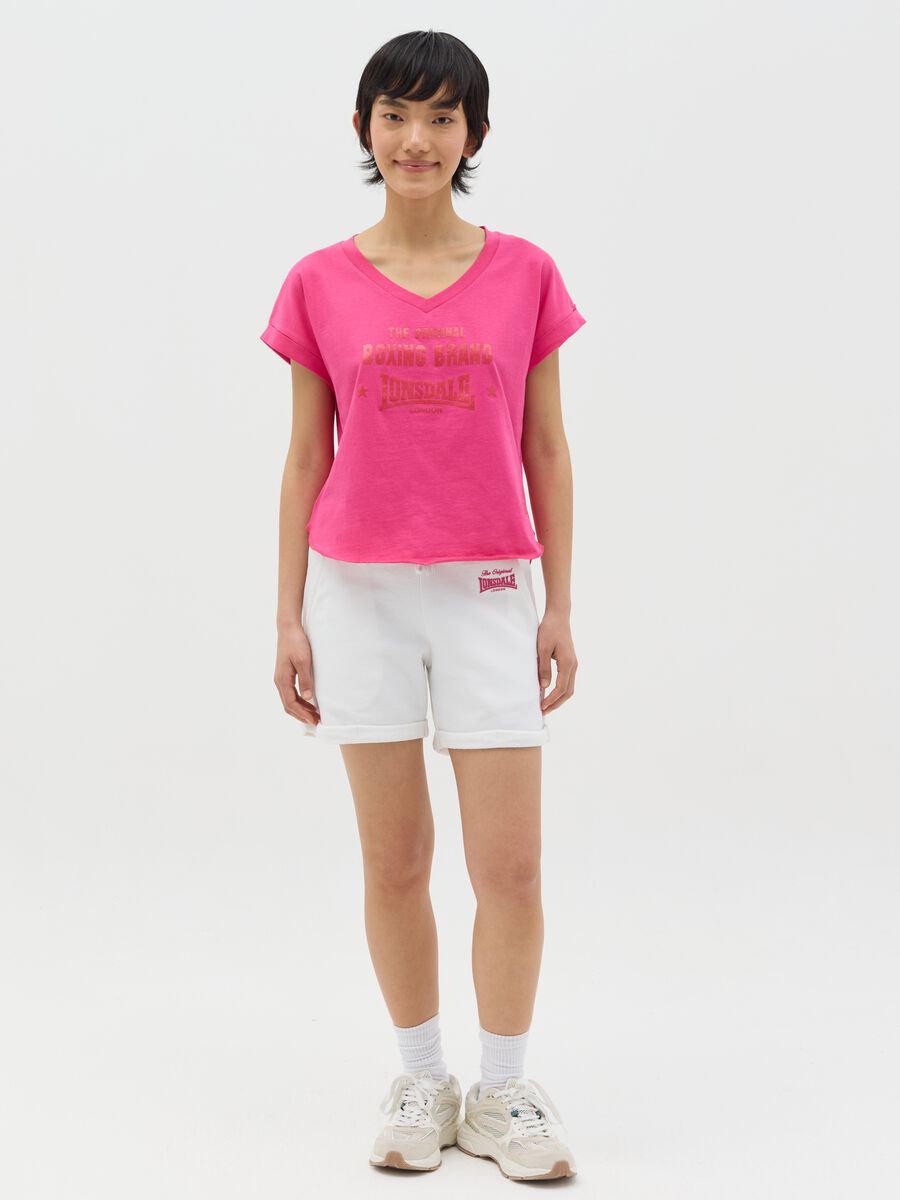 Pink T-shirt in cotton with V neck and logo print_1