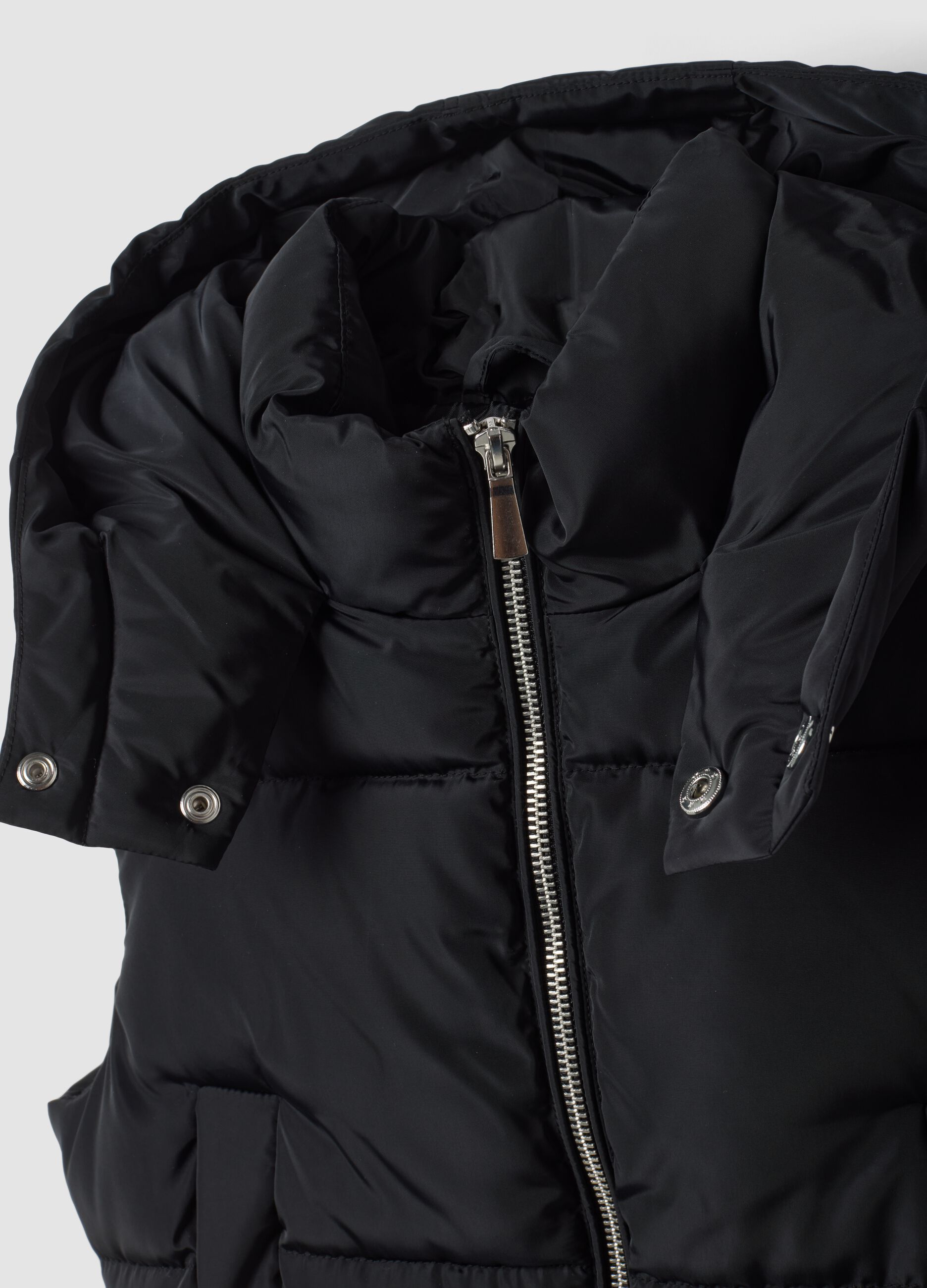 Black padded gilet with hood and zip