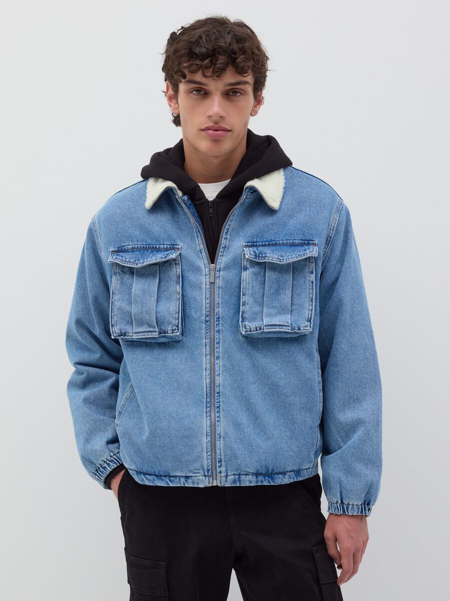 Short jacket in denim with sherpa collar_0