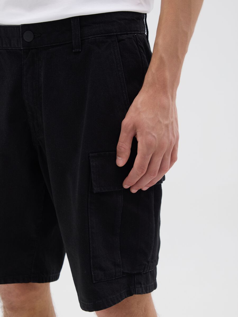 Men's black wide leg pure cotton bermuda shorts_2