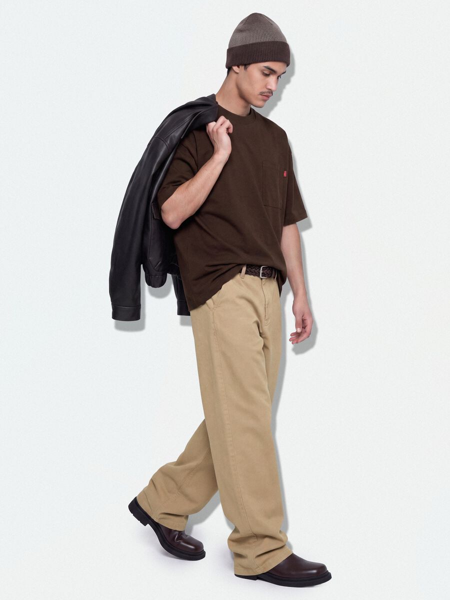 Brown pure cotton T-shirt with chest pocket, boxy fit_1