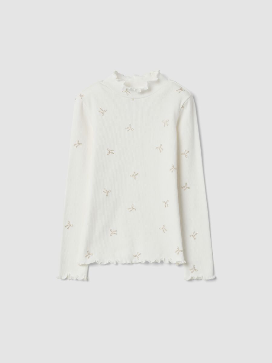 T-shirt bianca in cotone elasticizzato con fiocchi glitter_0