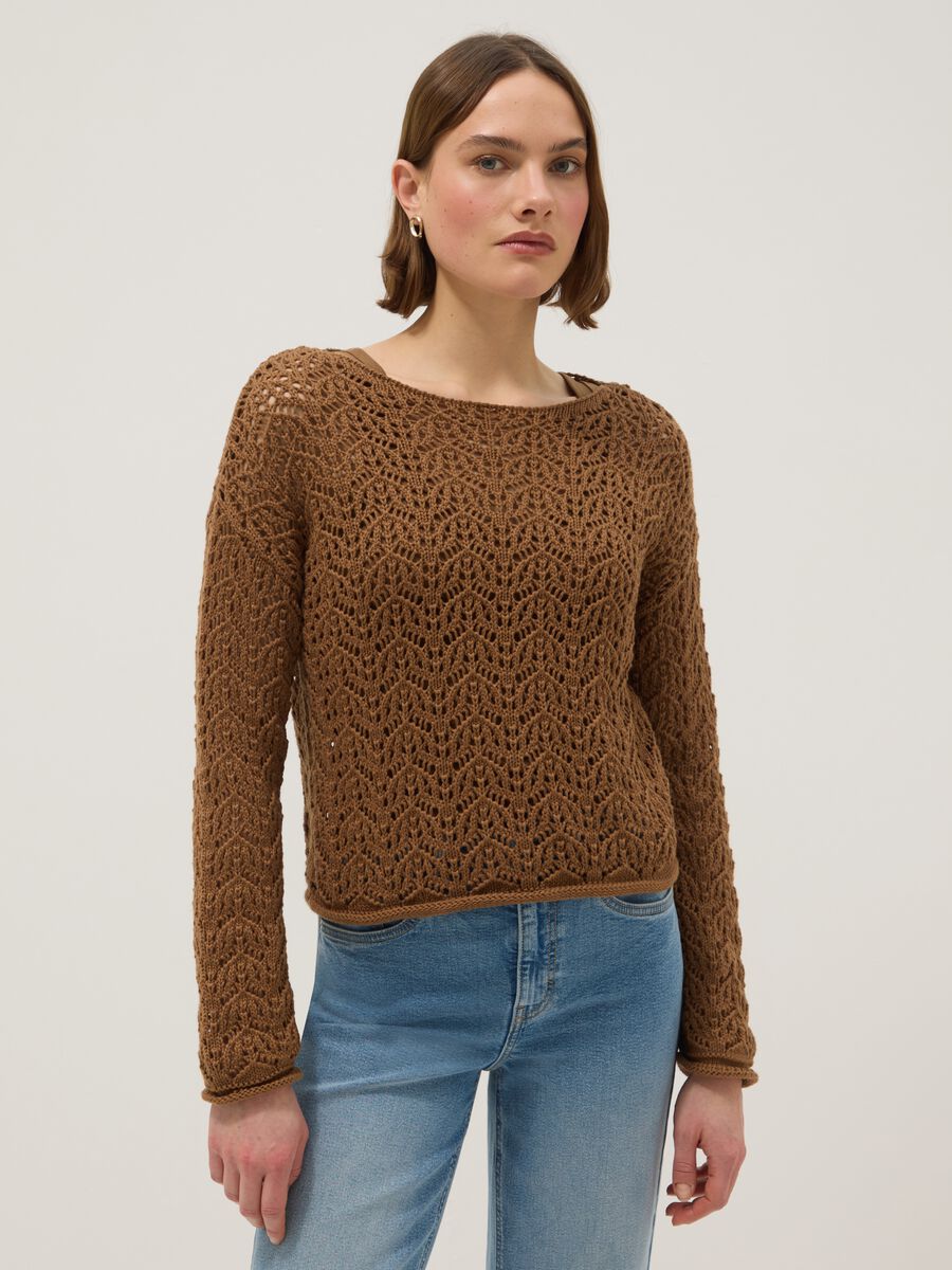 Brown pure cotton jumper with regular fit and perforated design_0