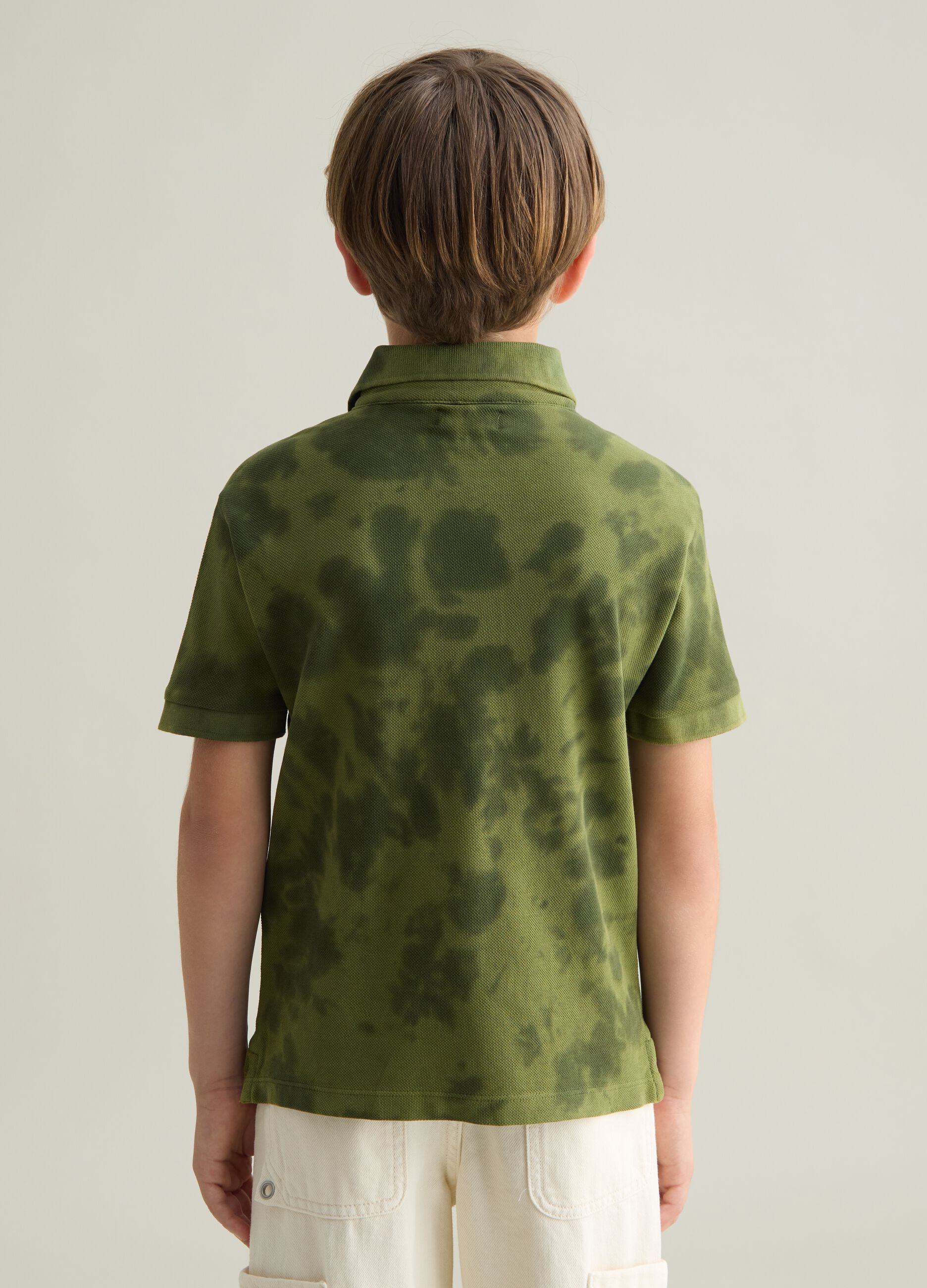 Green short sleeve cotton polo with tiger print