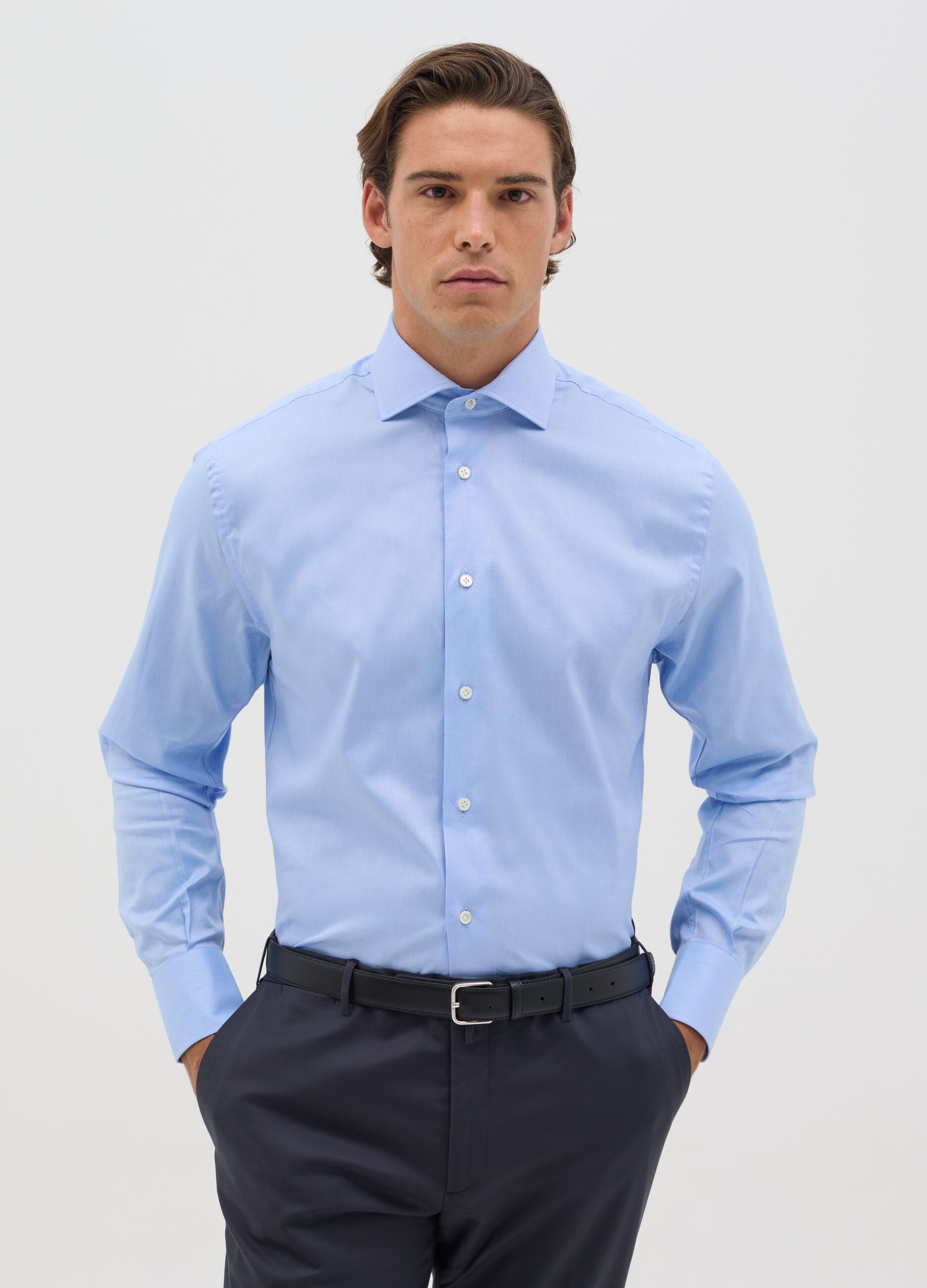 Camicia da uomo in puro cotone azzurra regular fit con colletto alla francese