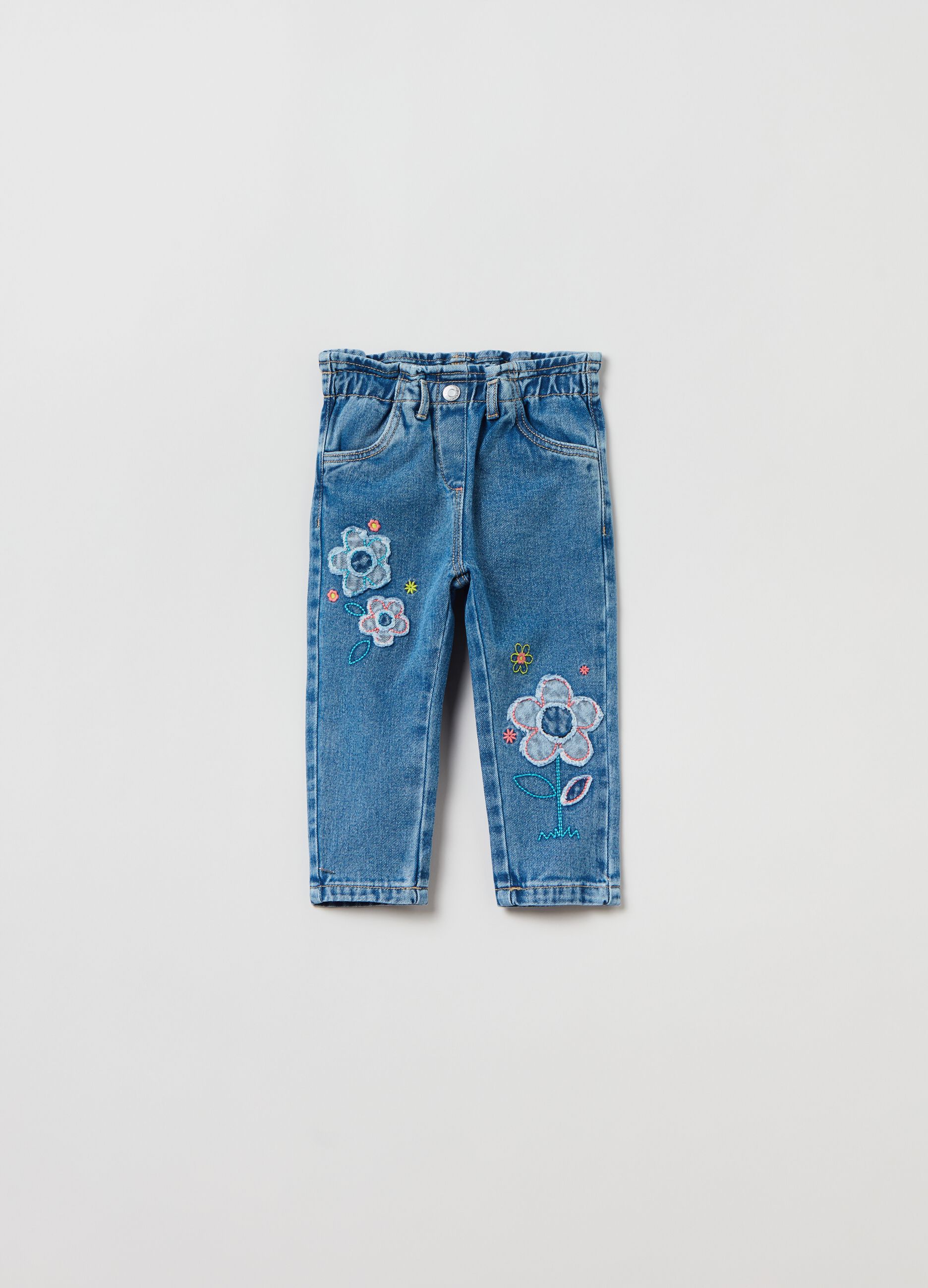 Jeans paper bag con ricamo fiori_0