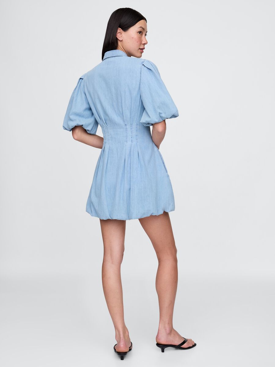 Blue cotton dress with puff sleeves_1