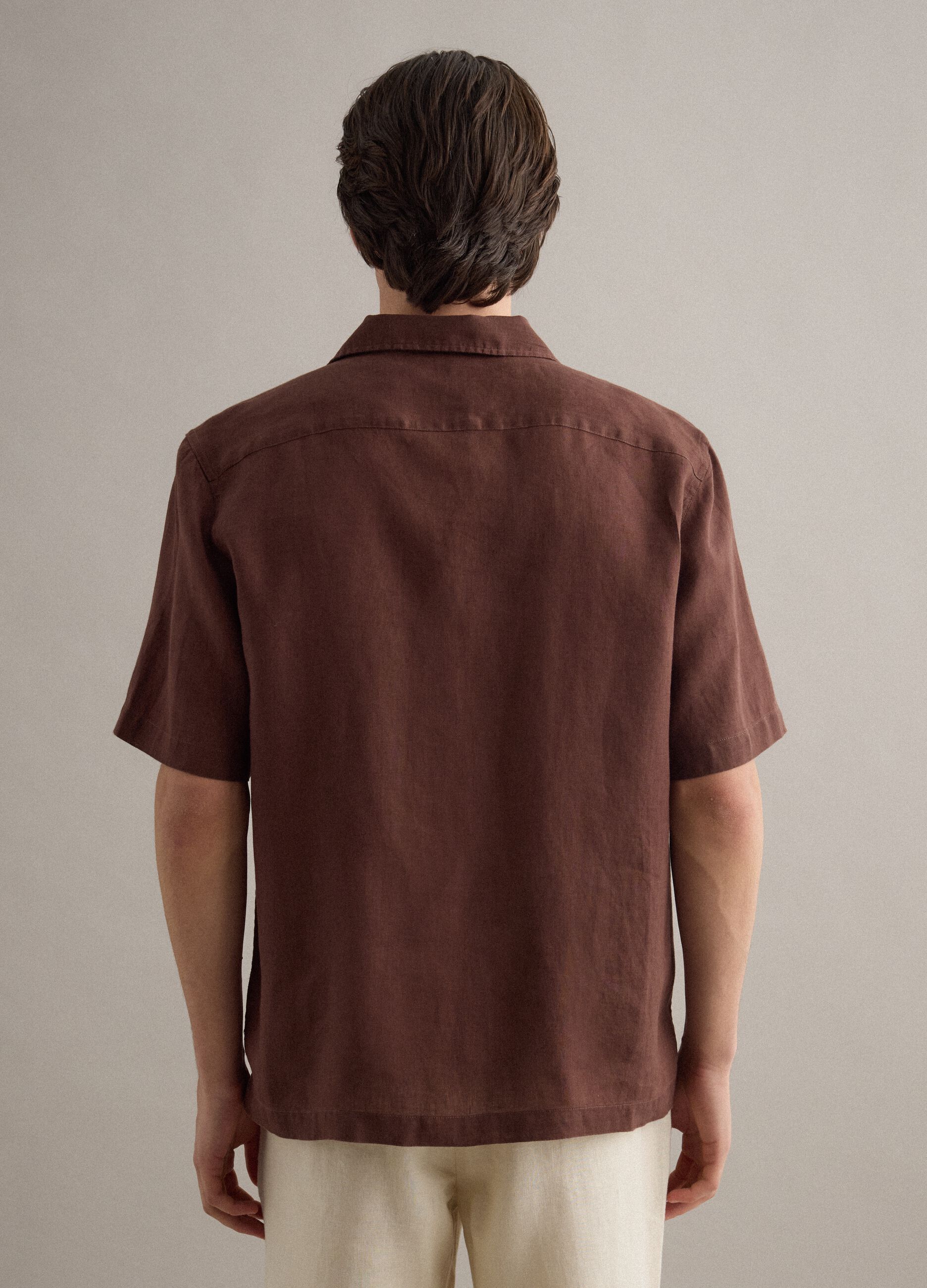 Brown short sleeve pure linen regular fit shirt