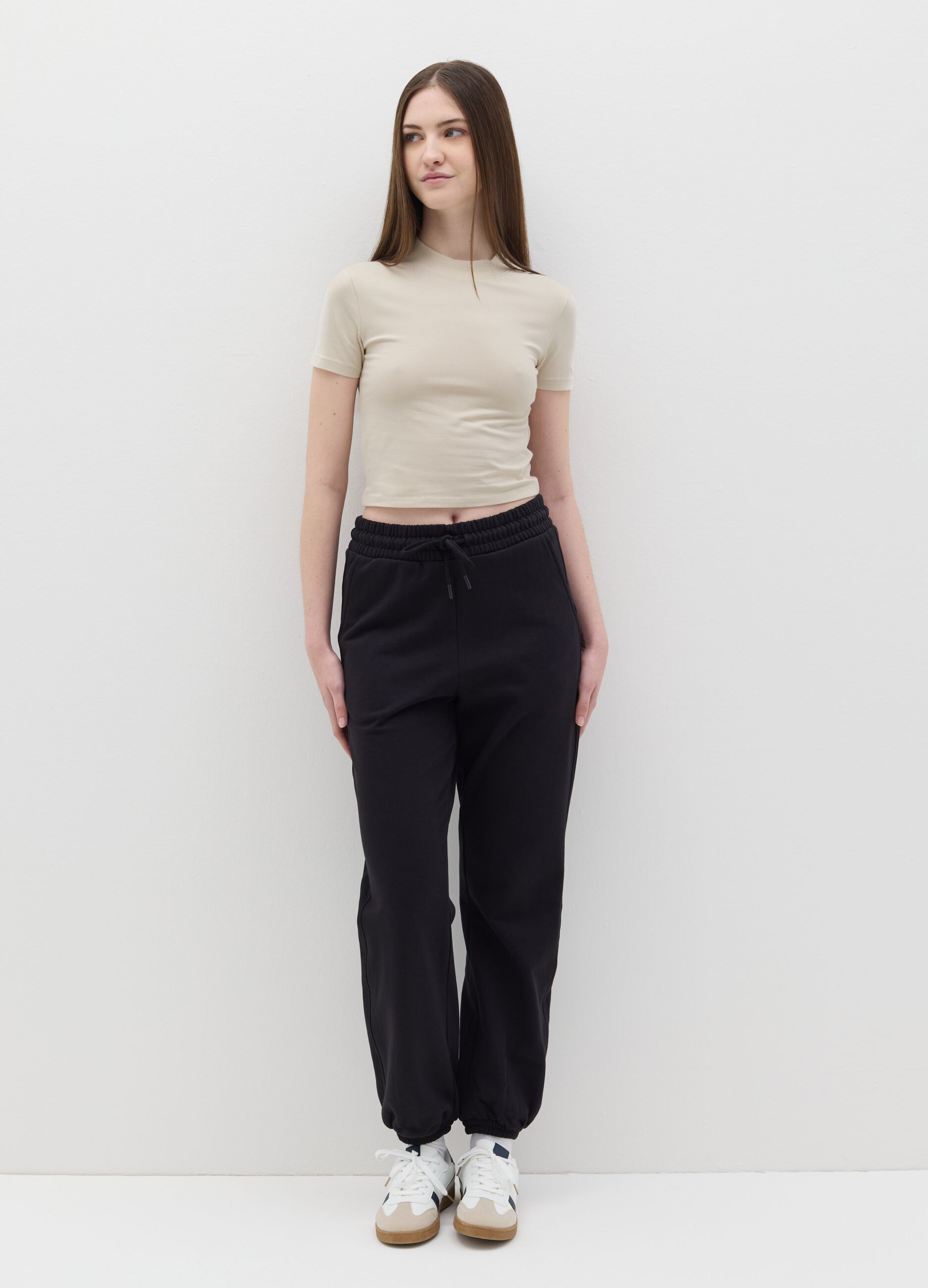 Stretch cotton T-shirt with mock neck