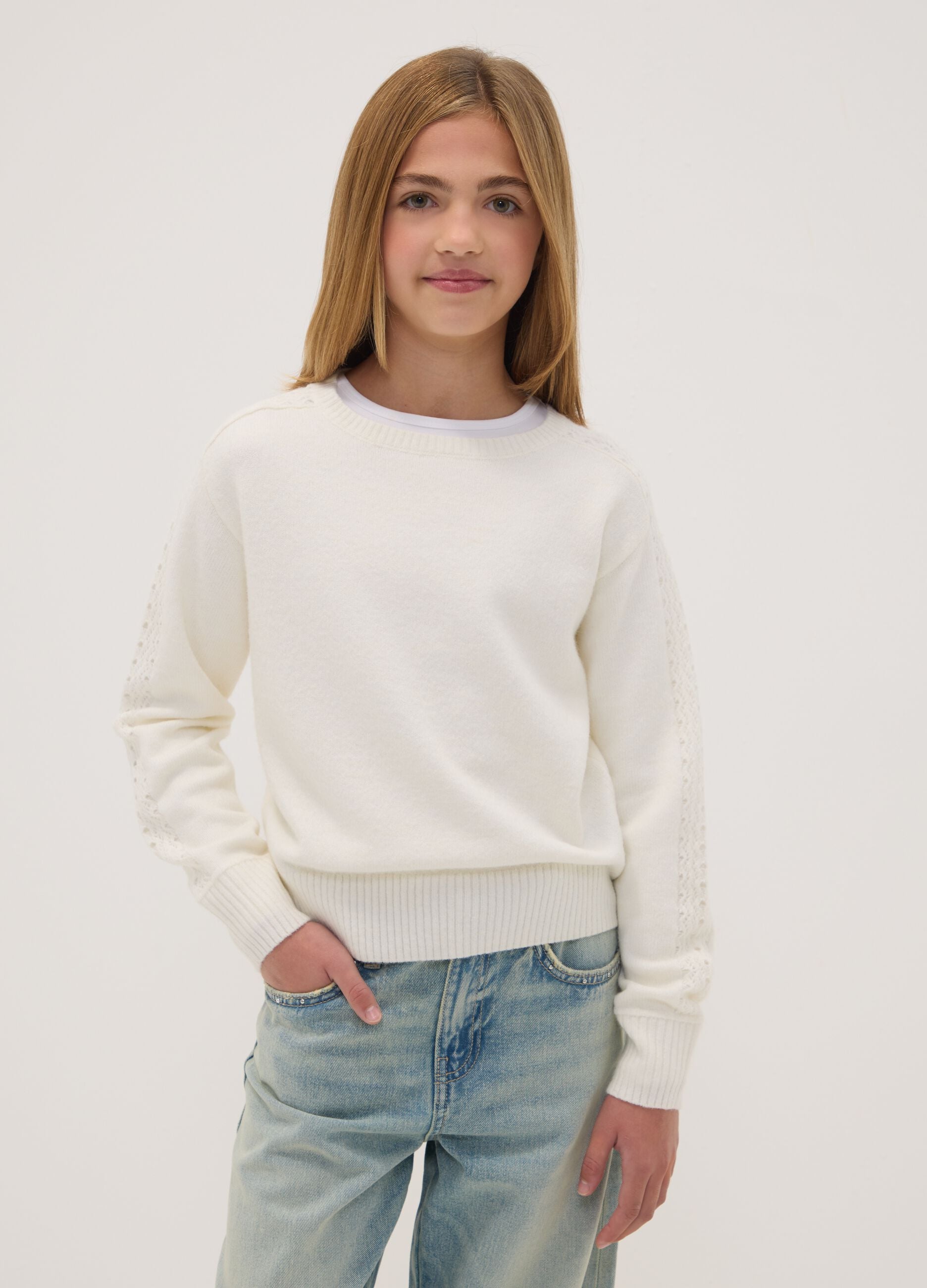 White crew-neck jumper in stretch wool blend