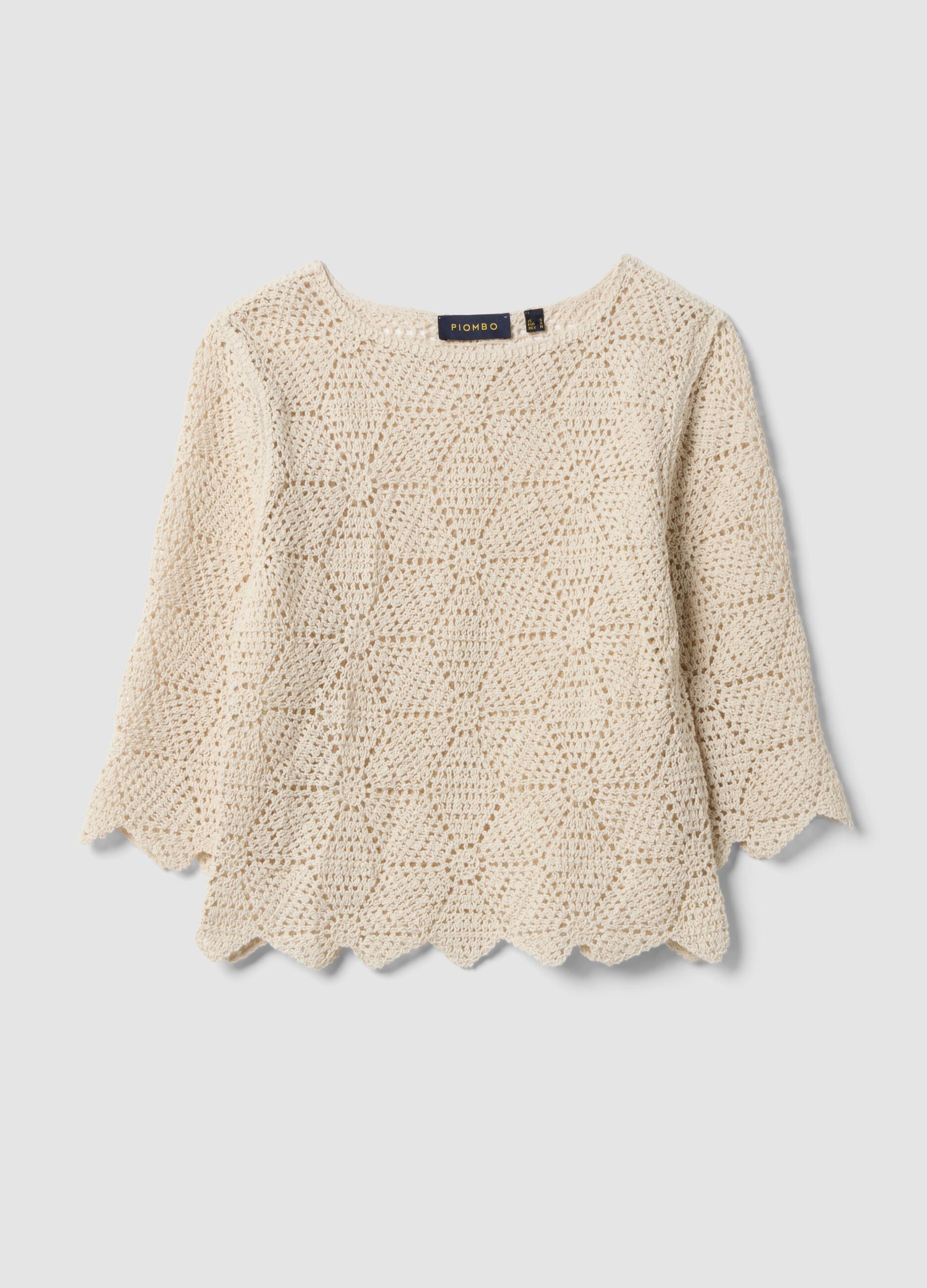Beige pure cotton crochet T-shirt, regular fit