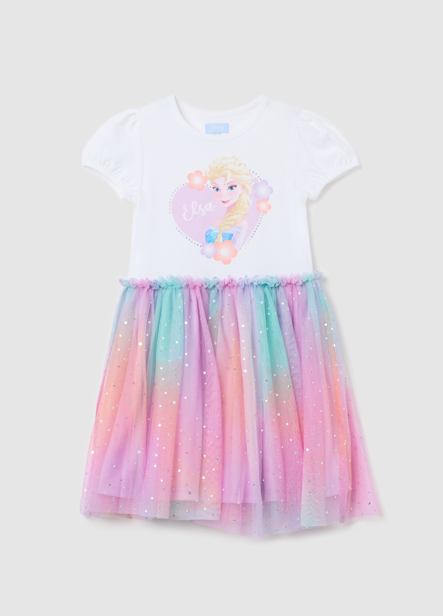 Abito bianco e viola con gonna in tulle stampa Elsa