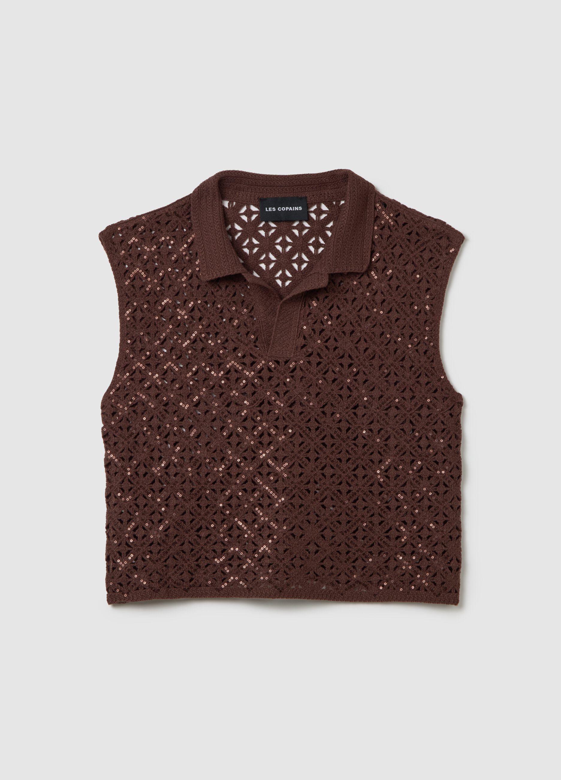 Brown cotton blend fitted women's top with sequins