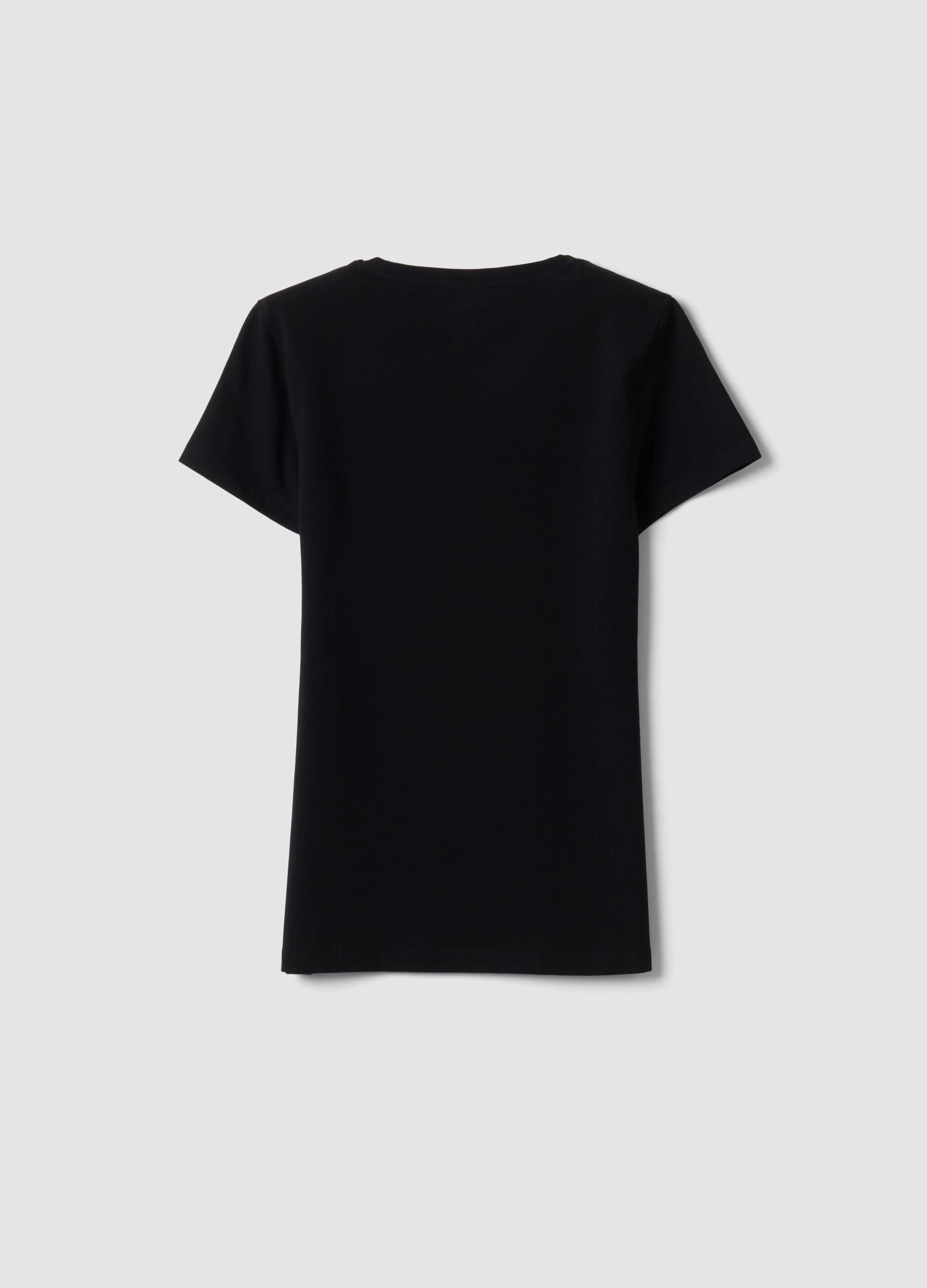 T-shirt nera a maniche corte in cotone organico elasticizzato girocollo