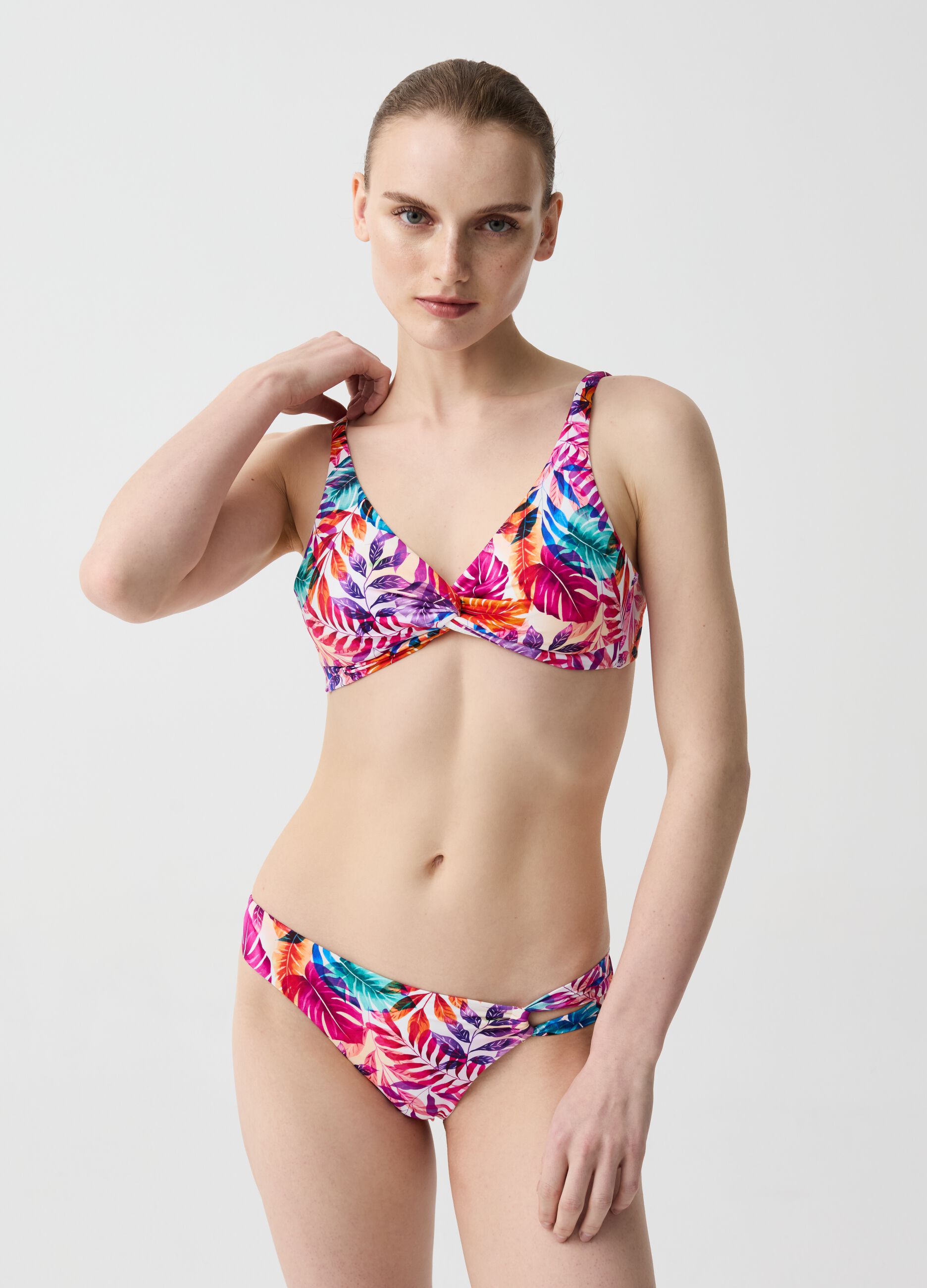 Slip bikini con fascette stampa foliage