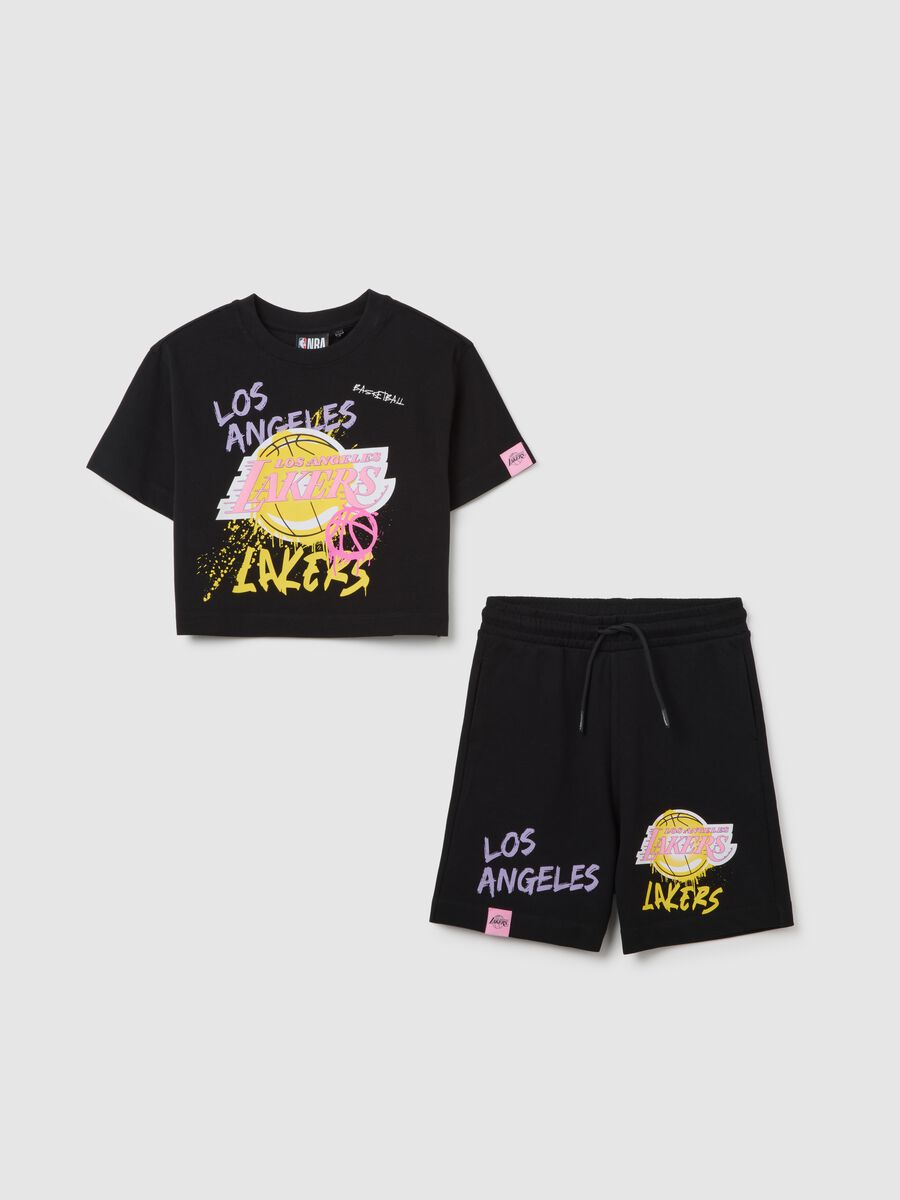 Set t-shirt e pantaloncini da ragazza in puro cotone nero regular fit_0