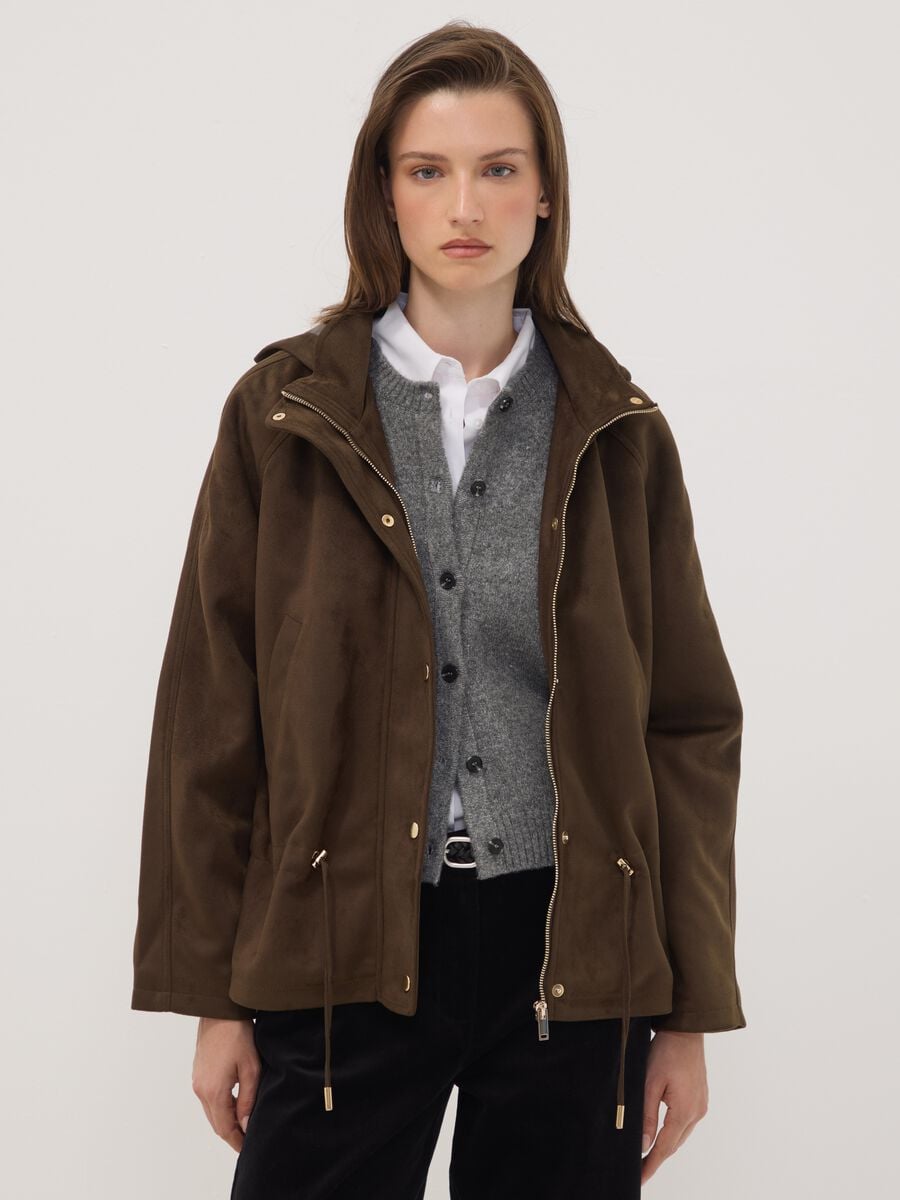 Brown parka with hood, zip and press-stud fastening_0