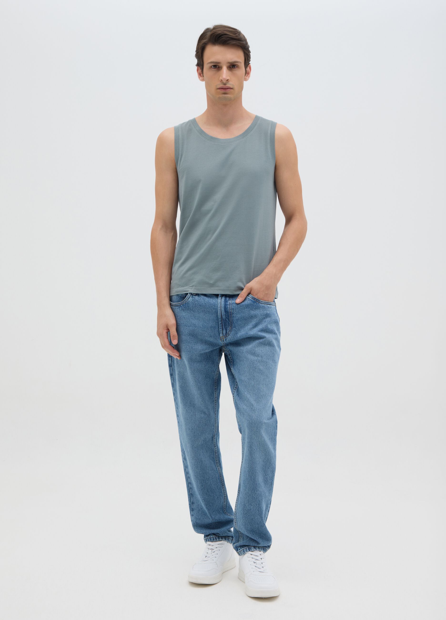 Canotta basic da uomo in puro cotone verde regular fit