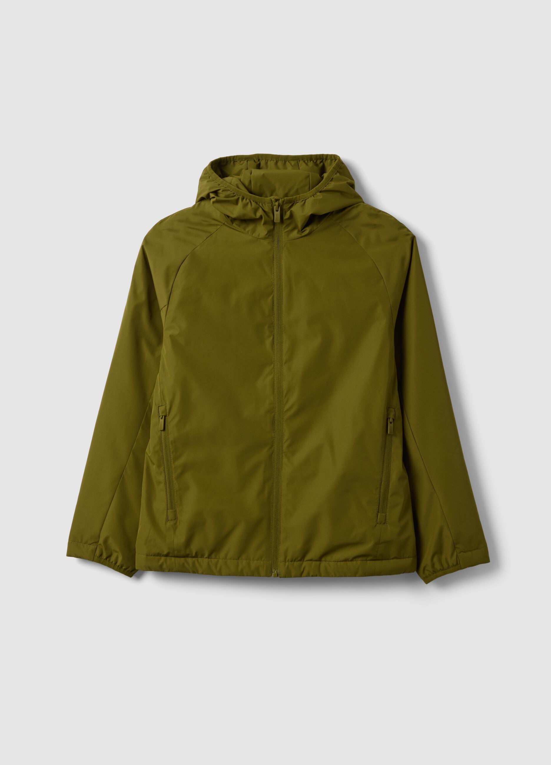Green hooded rain jacket with zip for boys