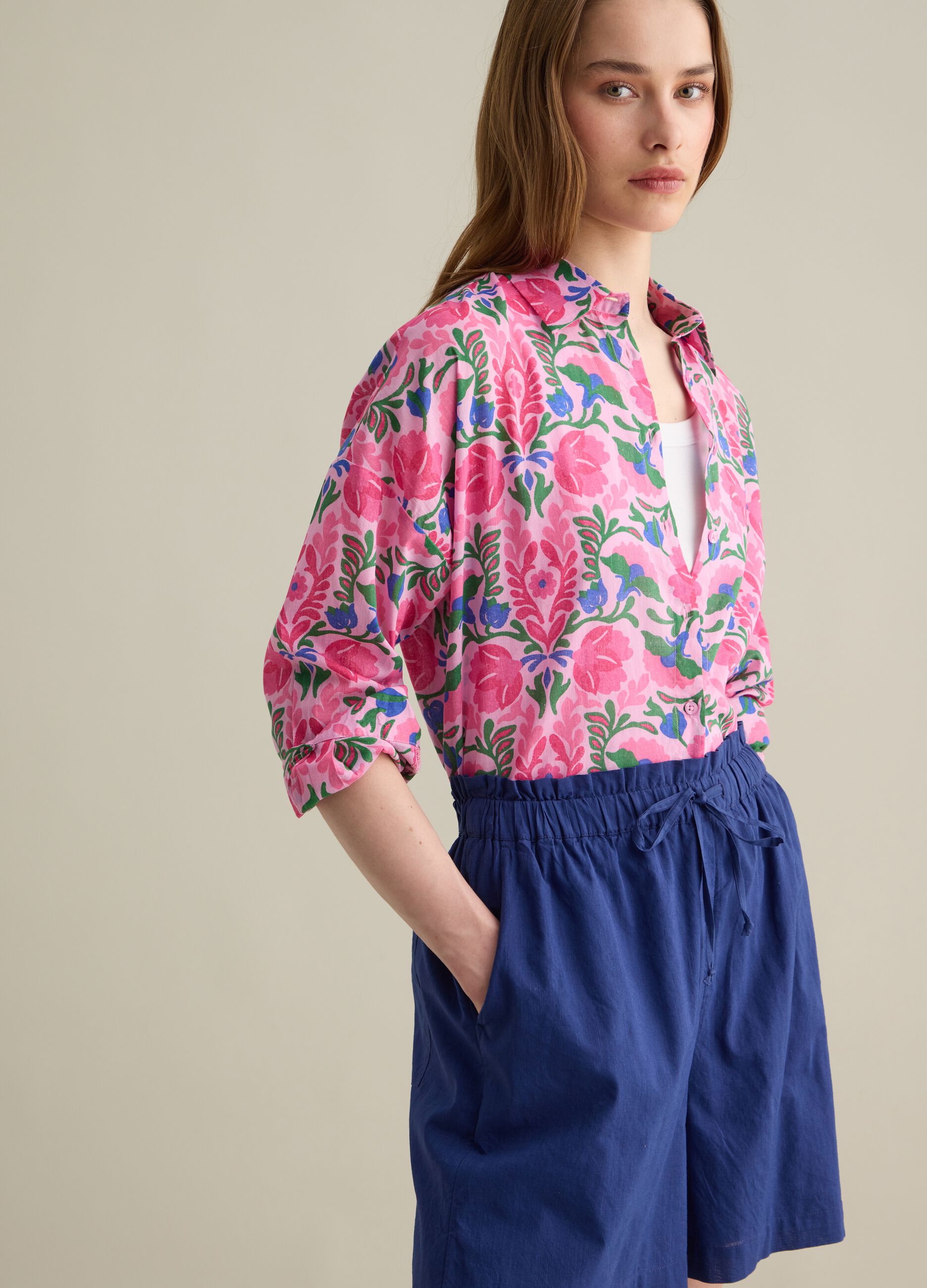 Cotton Shirt with Pink and Green Floral Print