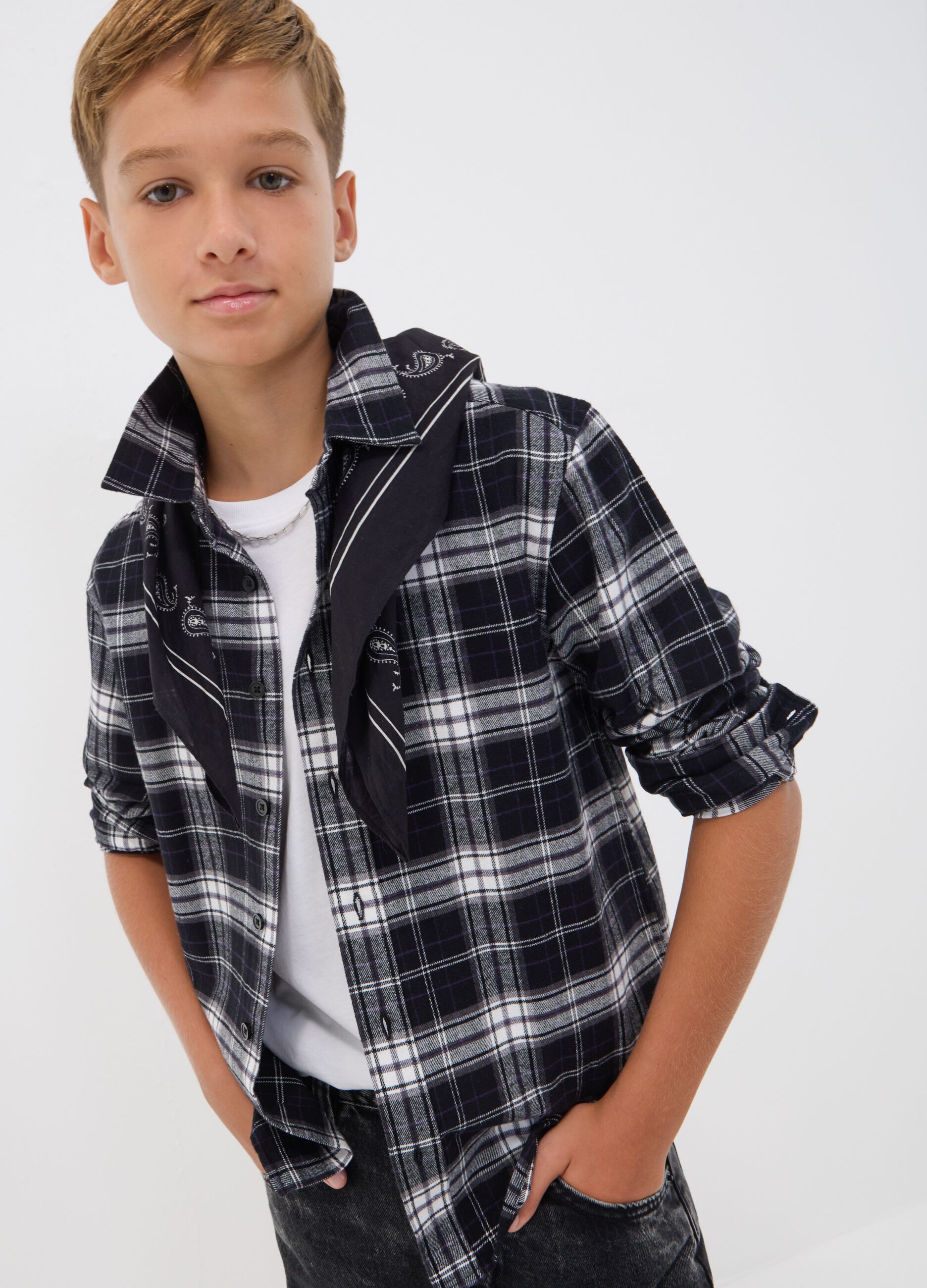 Black checked pure cotton regular-fit shirt for boys
