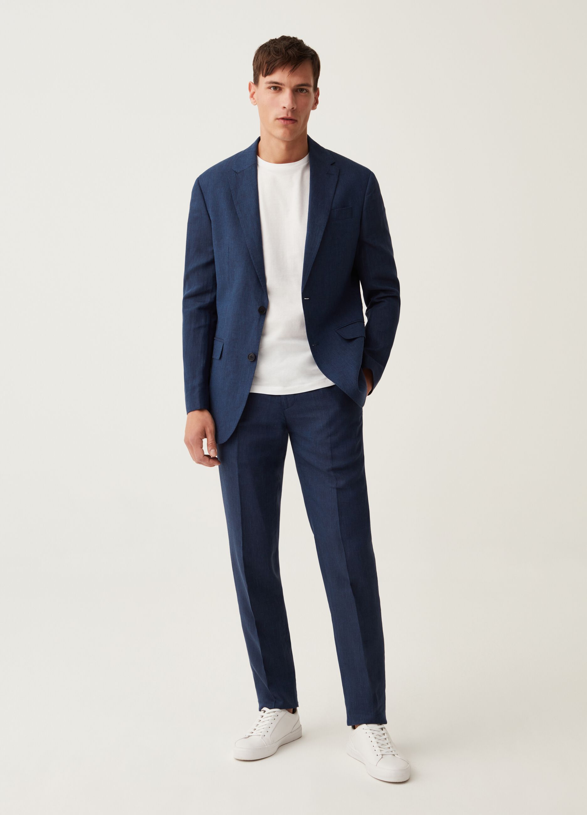 Blazer slim fit in lino blu navy_1