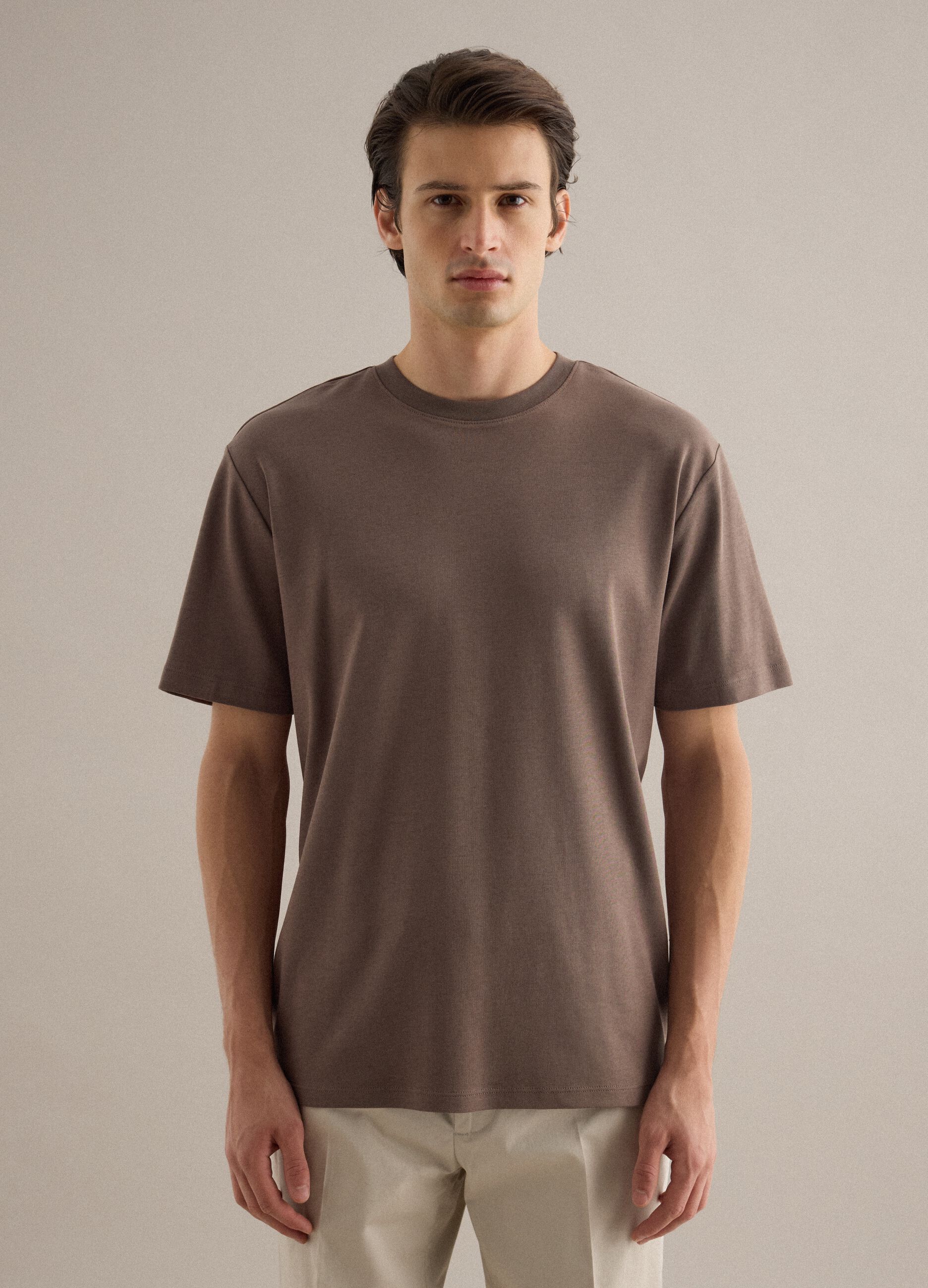 Brown pure cotton regular fit crew-neck T-shirt