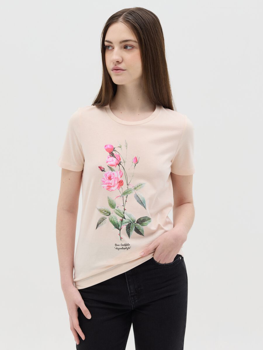 Pink cotton T-shirt with flower print_0