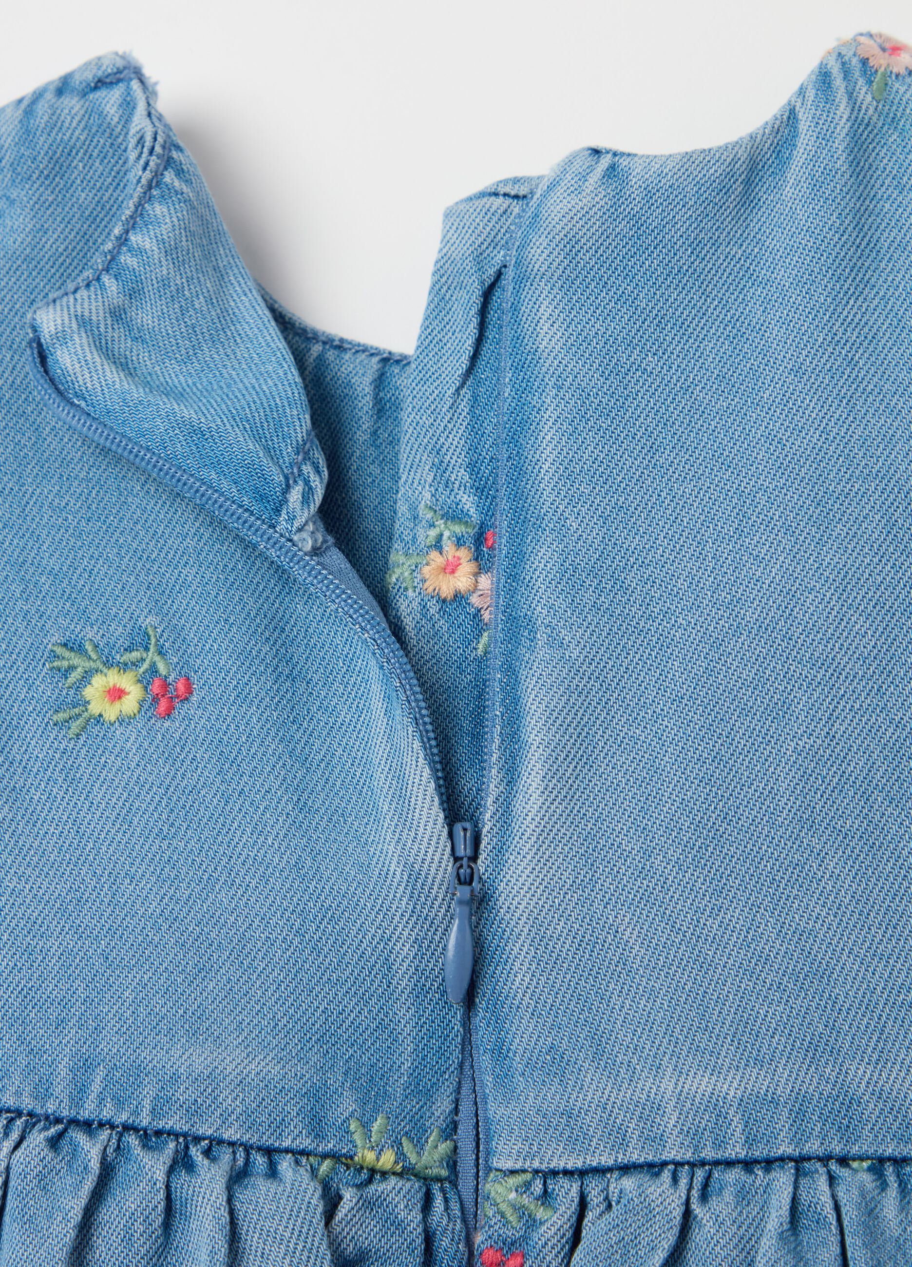 Tiered denim dress with flowers embroidery